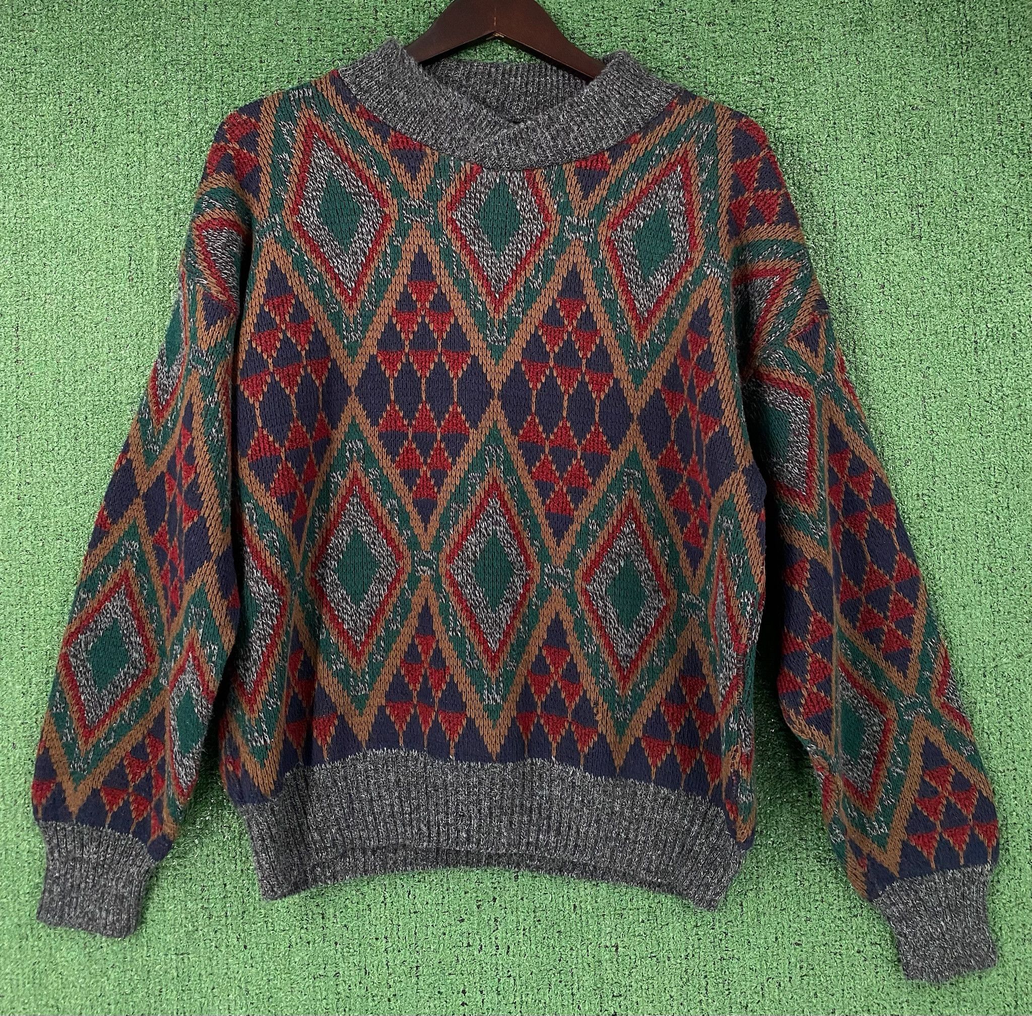 Vintage 90’s Shawl Collar Geometric Patterned Knit Sweater Medium Size US M / EU 48-50 / 2 - 1 Thumbnail