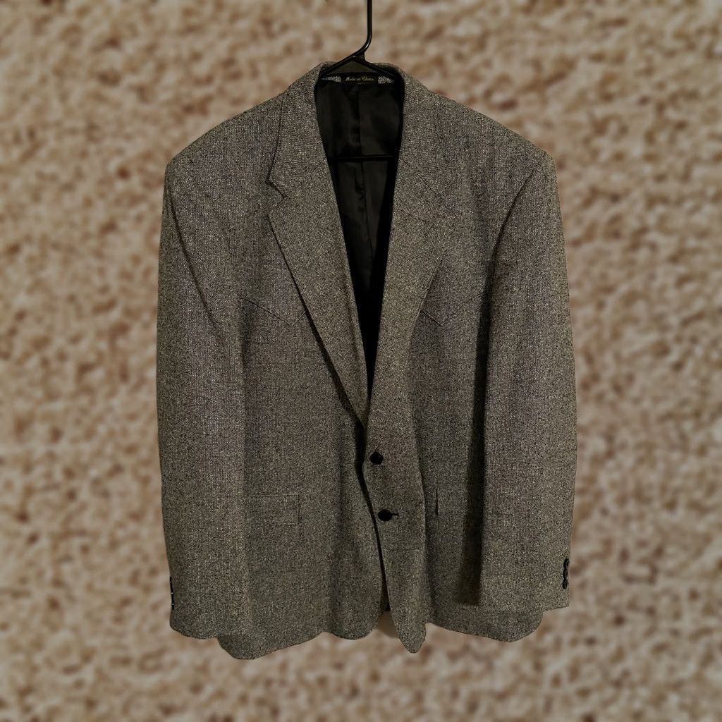 YOKE VINTAGE Circle S Blazer Silk Tweed Western Yoke 100% Silk Blue/Gray - Men's 50R Blazer Coat Jacket Long Notch Lapel Two-Button Size 50R - 1 Thumbnail
