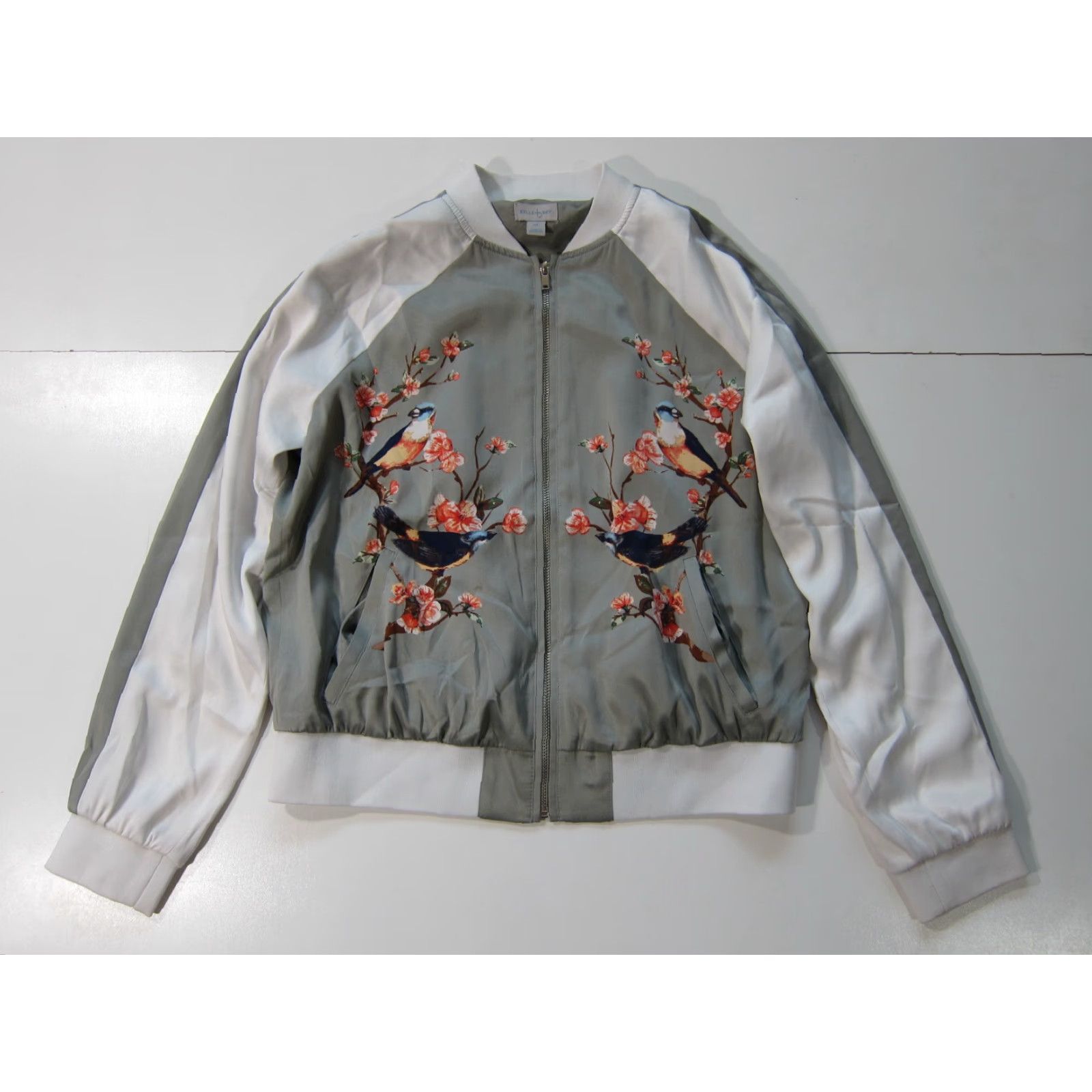 Vintage Belle Sky Jacket Women M Floral Bird Zip Satin Grey White Pink Windbreaker Track Coat Size M / US 6-8 / IT 42-44 - 7 Thumbnail
