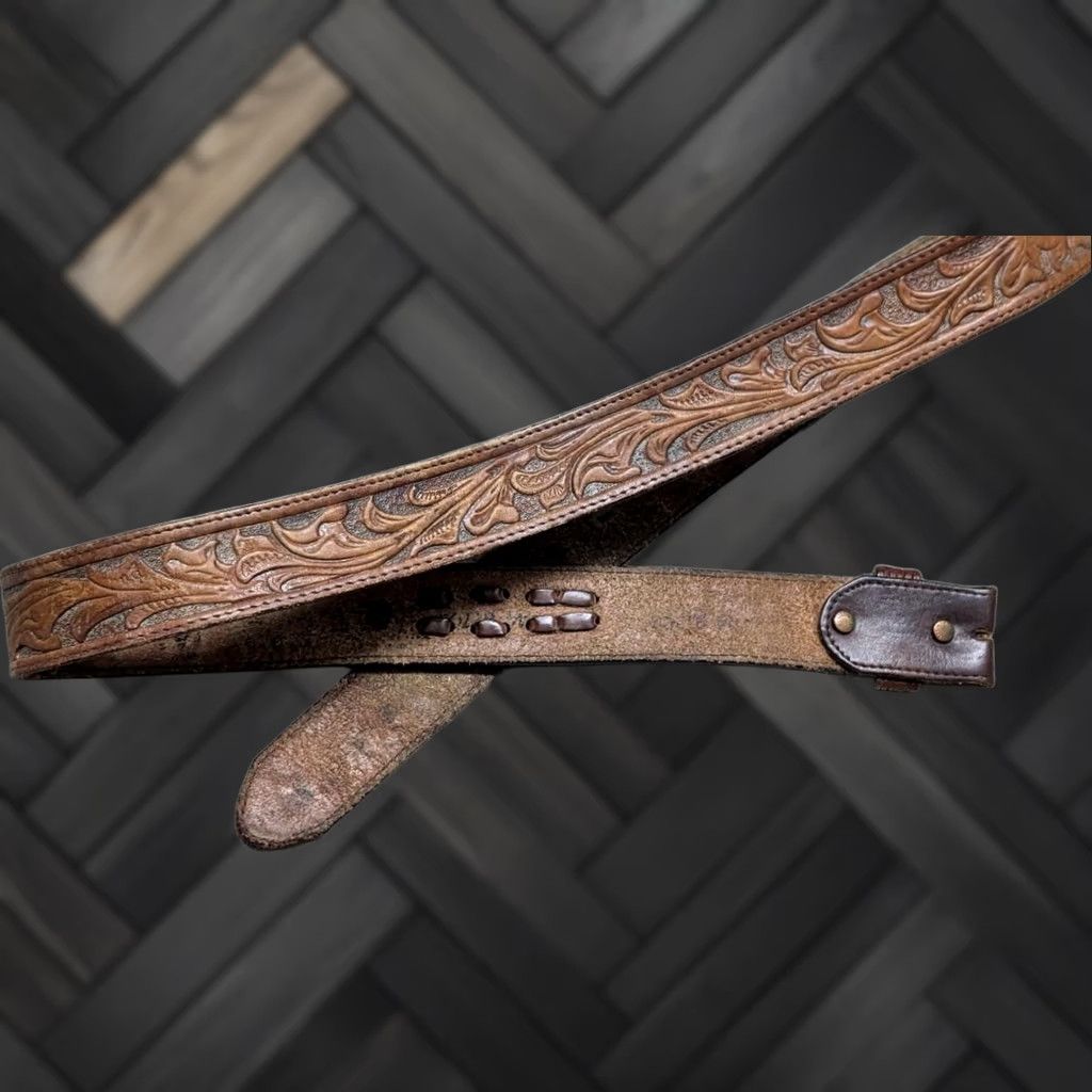 Vintage VINTAGE Silver Creek belt western belt Tooled cowhide leather 42 brown USA Made 42/43 Buckle Western Mens Size 42 - 1 Thumbnail