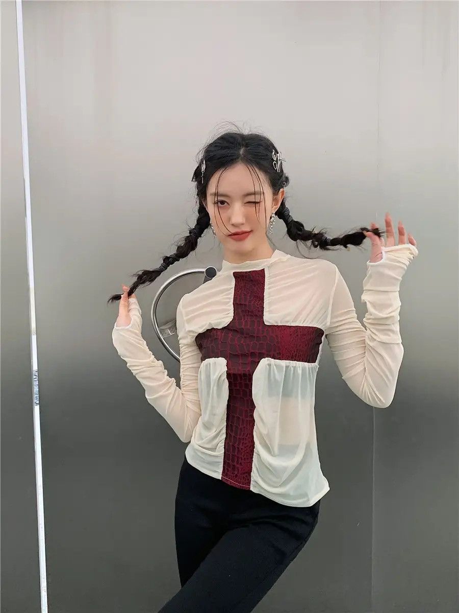 Japanese Brand × Vintage Gothic punk cross ruched sleeve sheer mesh top rock Size M / US 6-8 / IT 42-44 - 4 Thumbnail