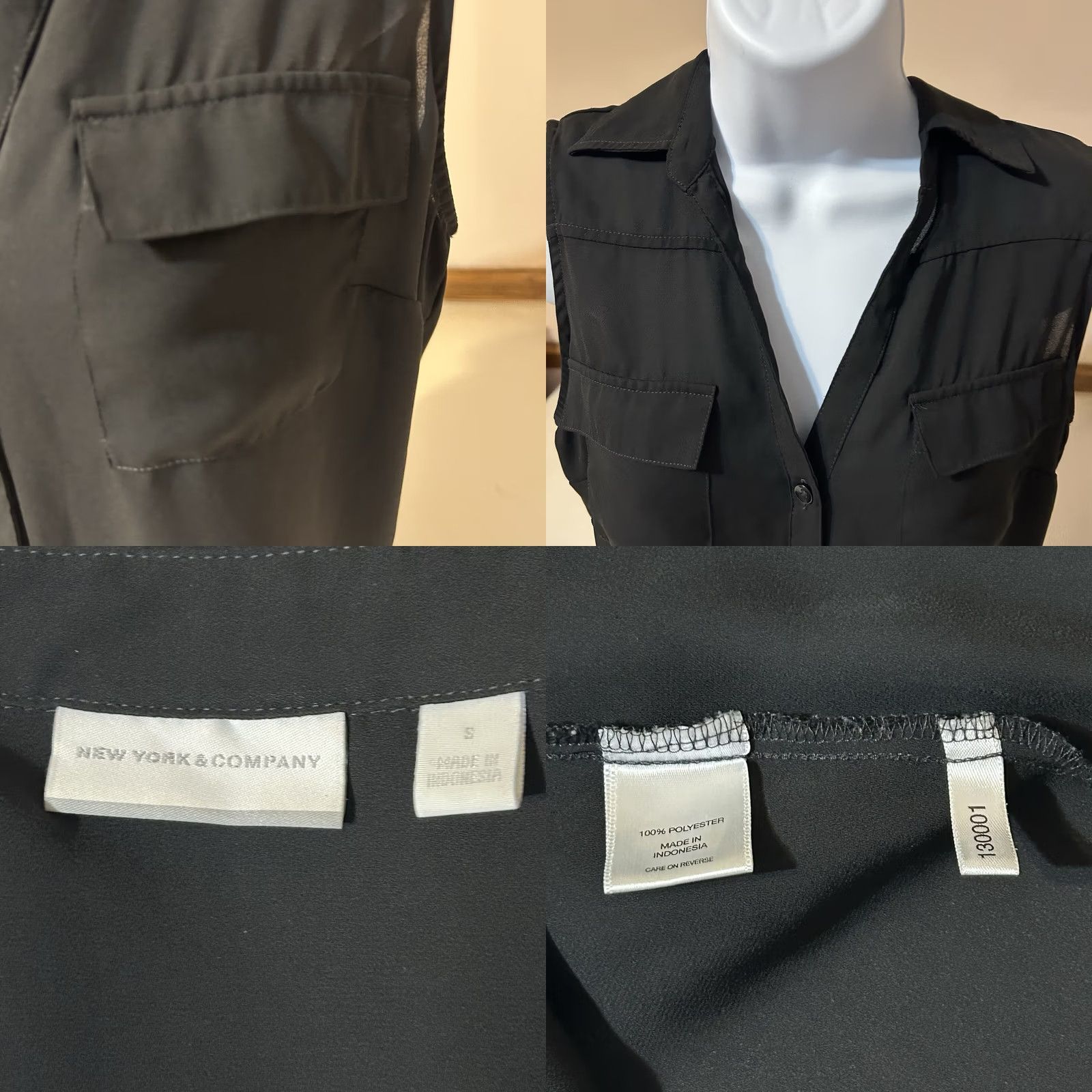 Vintage New York & Company Sleeveless Blouse Women Small Black Button Up V Neck Size S / US 4 / IT 40 - 8 Thumbnail