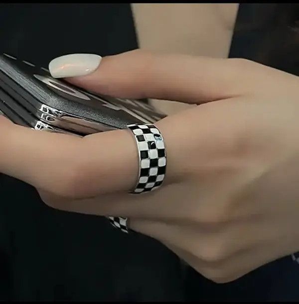 Jewelry Unique Black and White Grid Pattern Adjustable Ring Size ONE SIZE - 1 Thumbnail