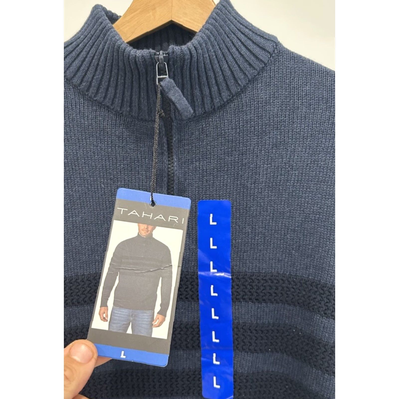 Vintage **Tahari Men's Classic Blue Striped 1/4 Zip Pullover Sweater Size L** User: **Tahari Men's Classic Blue 1/4 Zip Striped Pullover Sweater Size L** Size US L / EU 52-54 / 3 - 5 Thumbnail