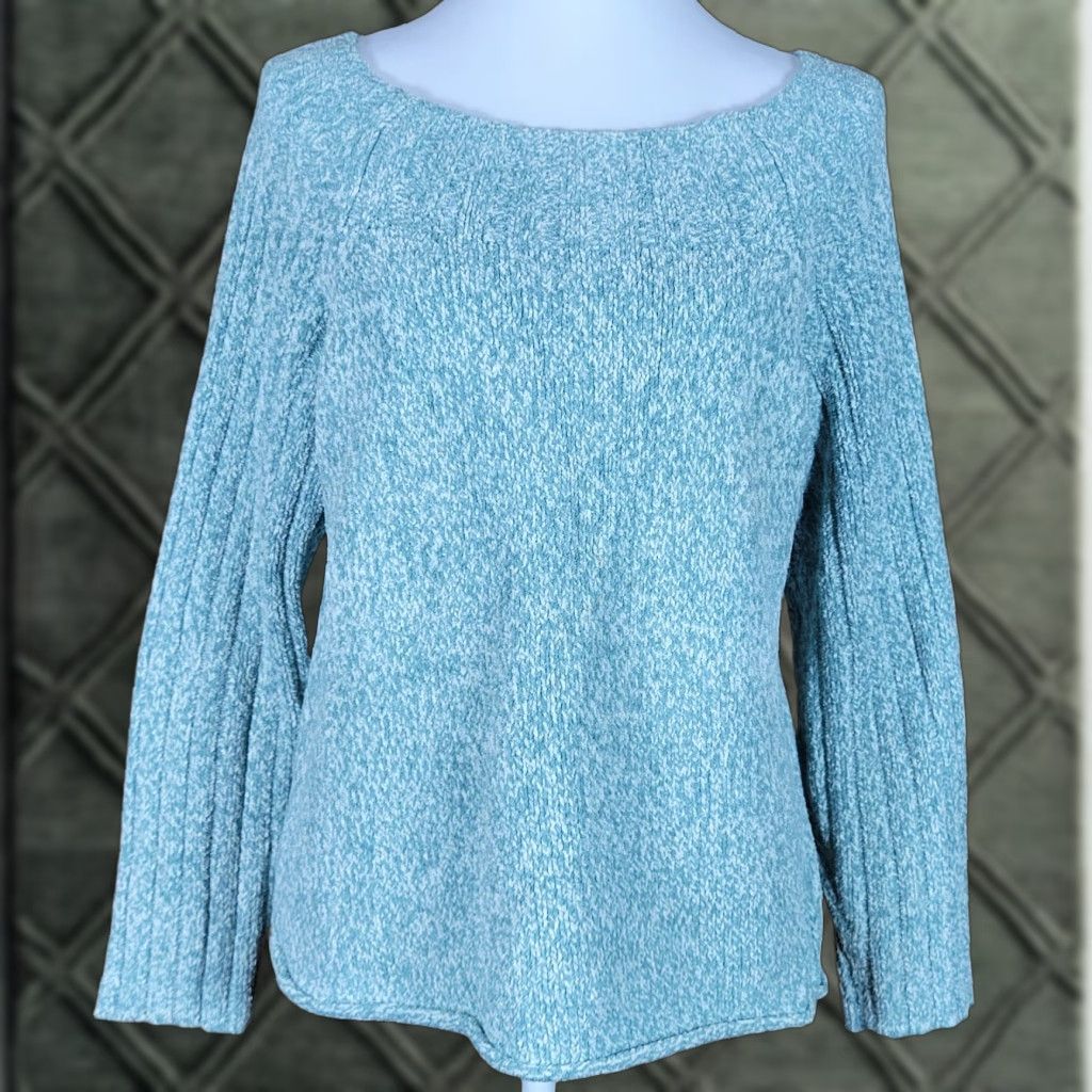 J. Jill J. Jill Womens Petites L Pullover Sweater Green White Boat Neck Long Sleeve Lightweight Knit Polyester Blend Casual Modern Classic Mens, Womens Size L / US 10 / IT 46 - 1 Thumbnail