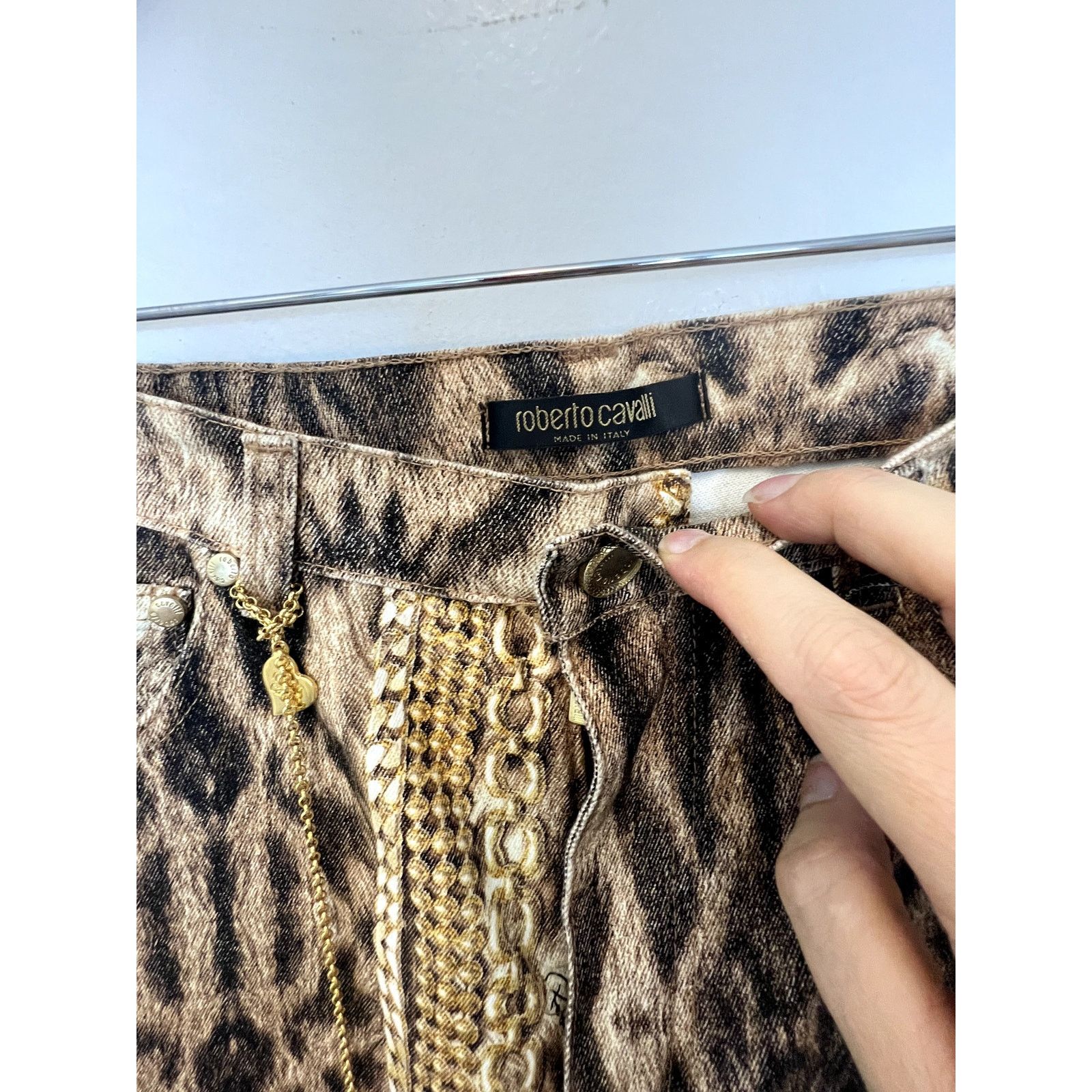 Roberto Cavalli animal chain print denim pants Sz XS y2k