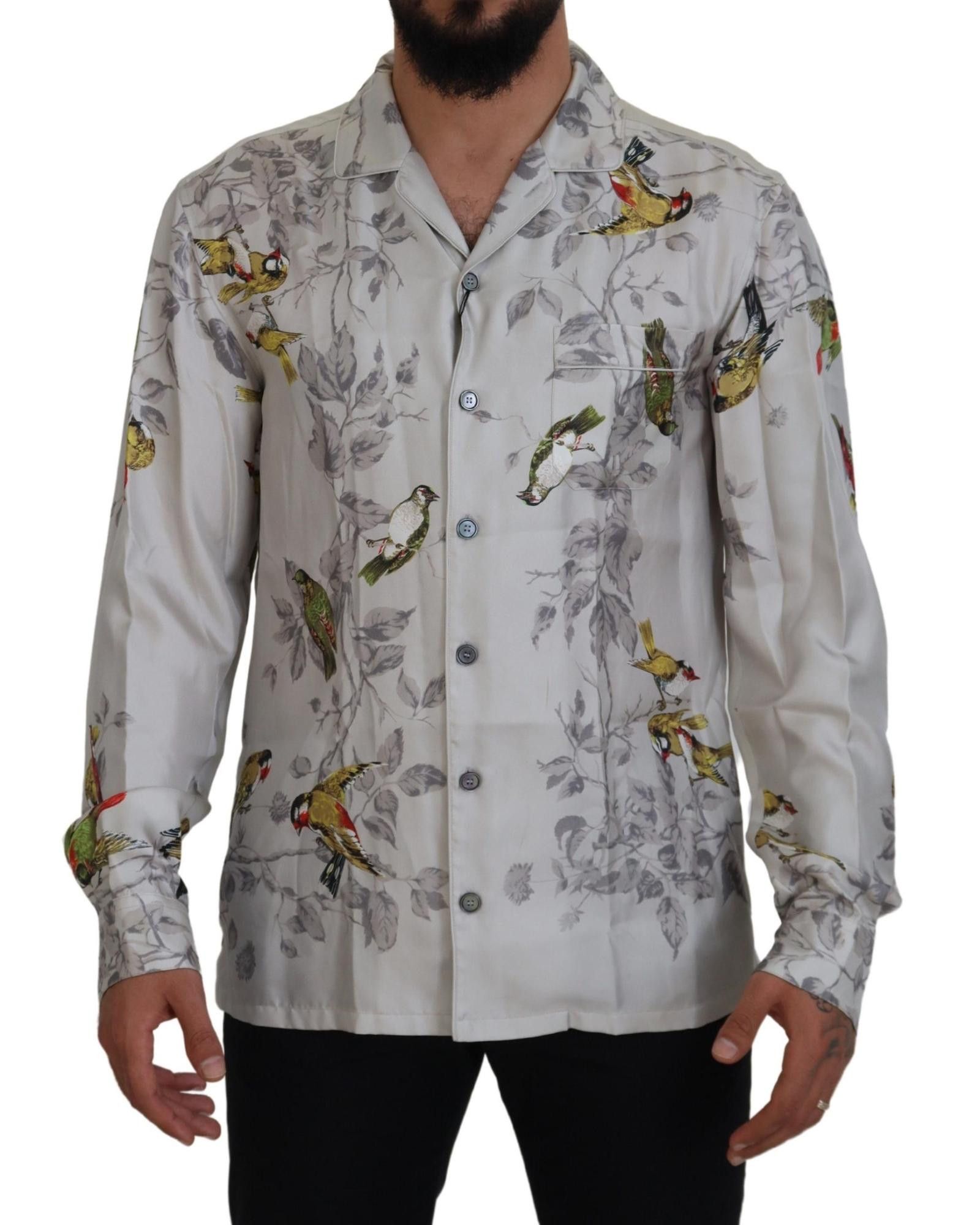 image of Dolce Gabbana Stunning Bird Print Silk Satin Shirt in White, Men's (Size XS)