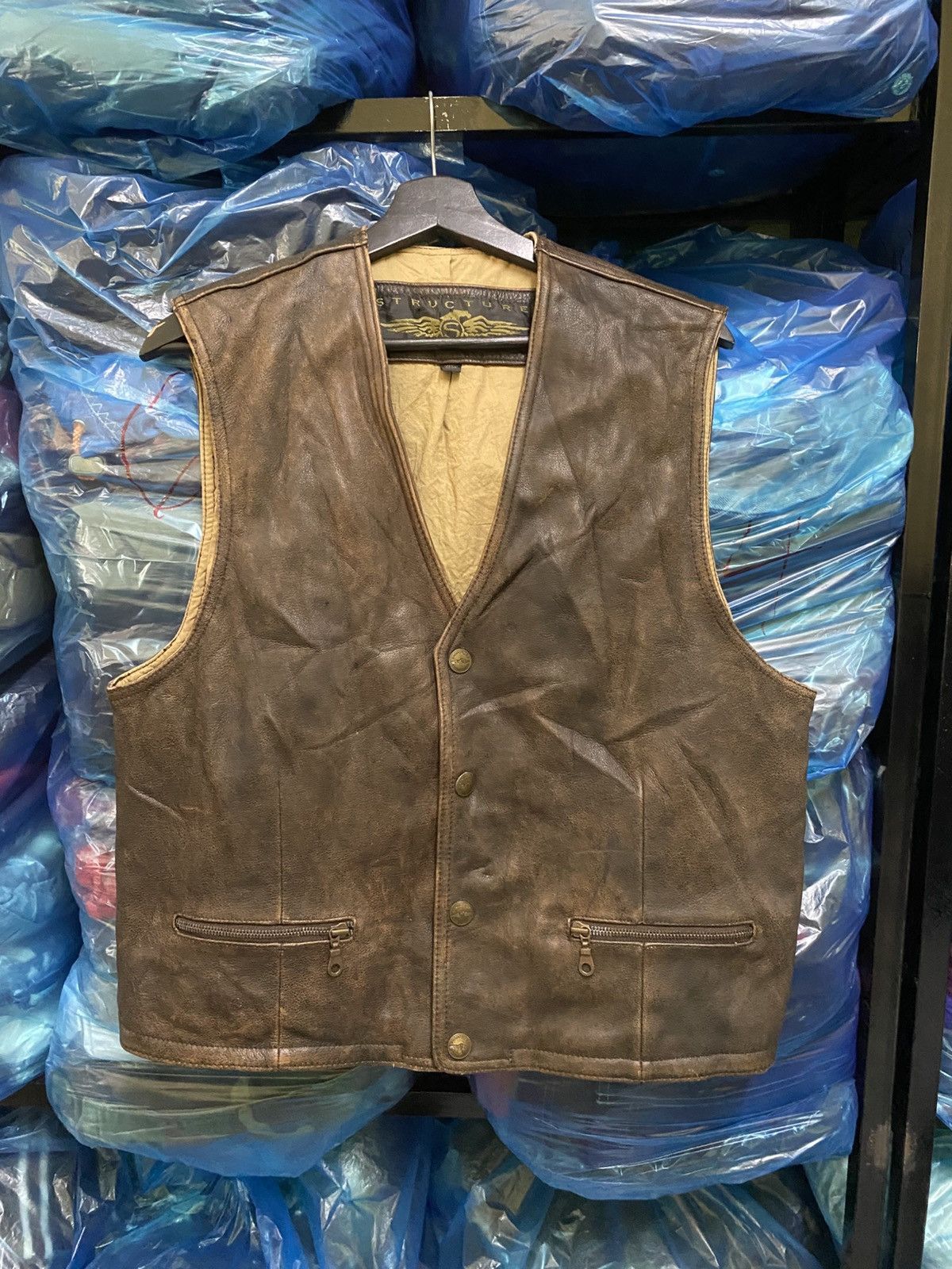 Structure Vintage Structure Leather Vest XL Brown Genuine Leather Size US XL / EU 56 / 4 - 1 Thumbnail