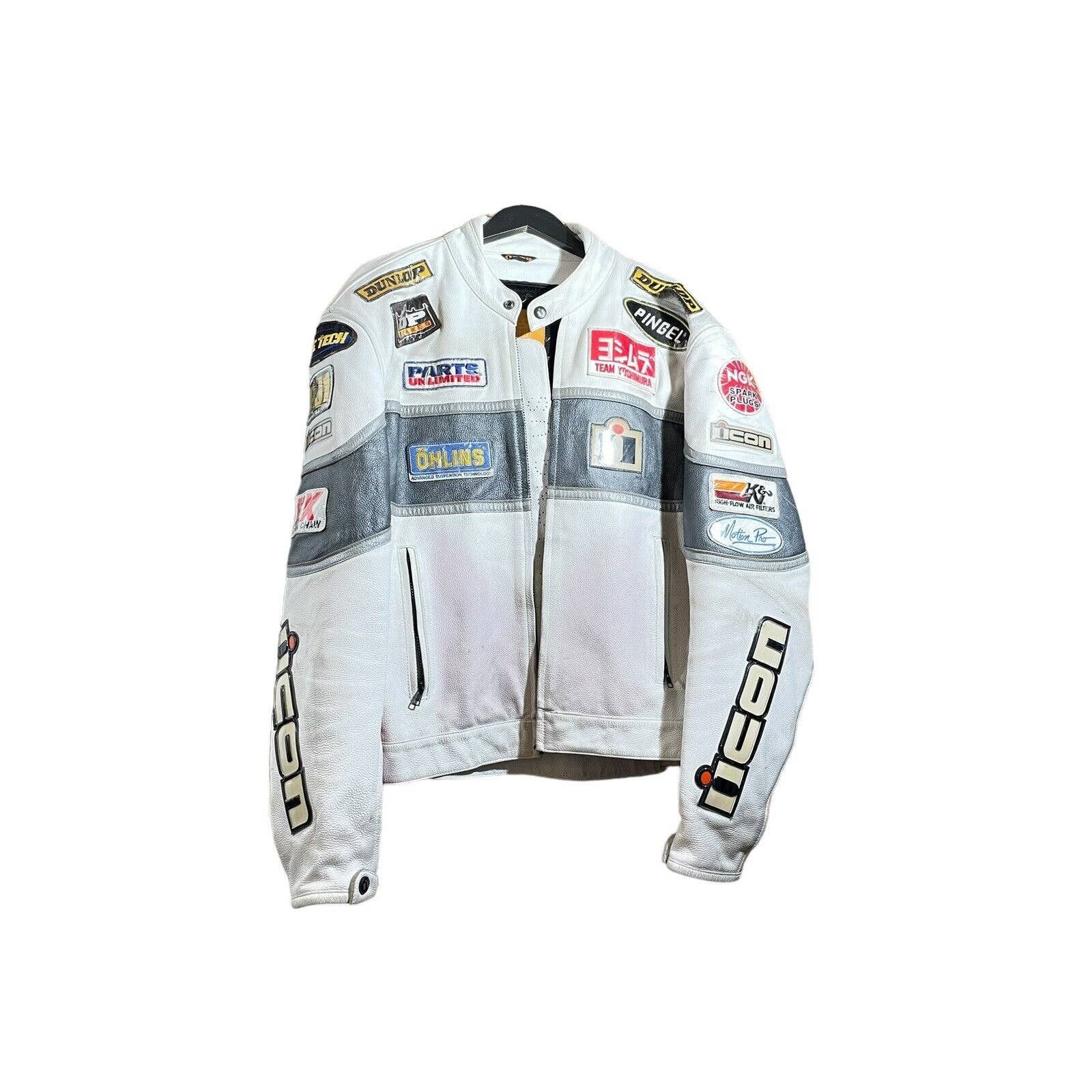 image of Icon Neodaytona Motorcycle Leather Jacket Racing Biker Moto in White, Men's (Size XL)