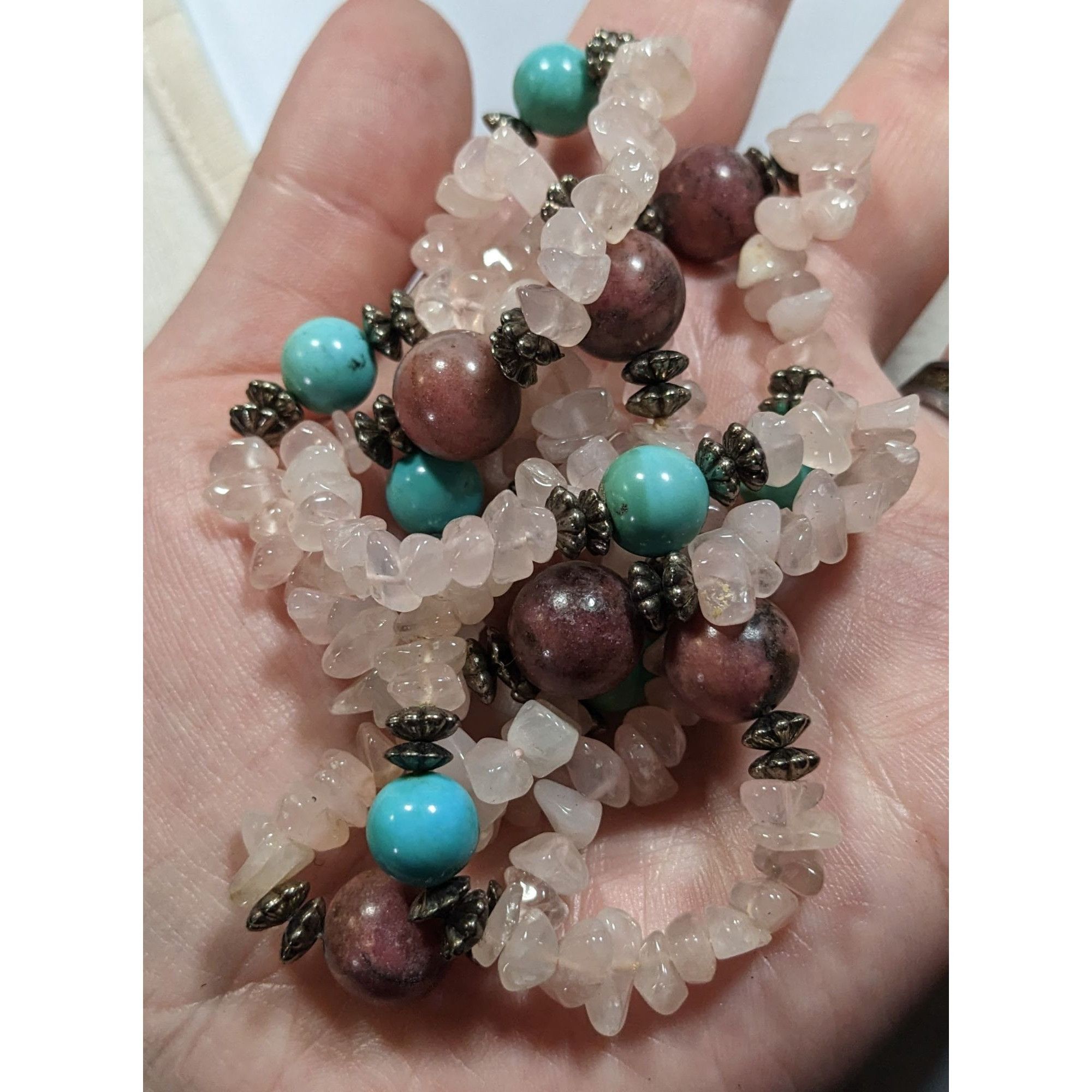 Handmade Vintage Handmade Rose Quartz Turquoise And Agate Beaded Neck Size ONE SIZE - 3 Thumbnail