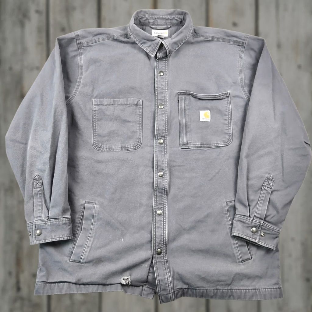 Carhartt Carhartt Fleece Lined Shirt Jacket Mens XL Gray Canvas Snap Front 102851 Size US XL / EU 56 / 4 - 1 Thumbnail