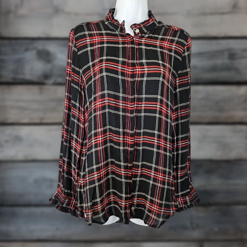 Loft LOFT Ann Taylor Womens Button-Up Shirt Plaid Red Black Rayon S Small - Classic Casual Long Sleeve Button Front Womens Size S / US 4 / IT 40 - 1 Thumbnail