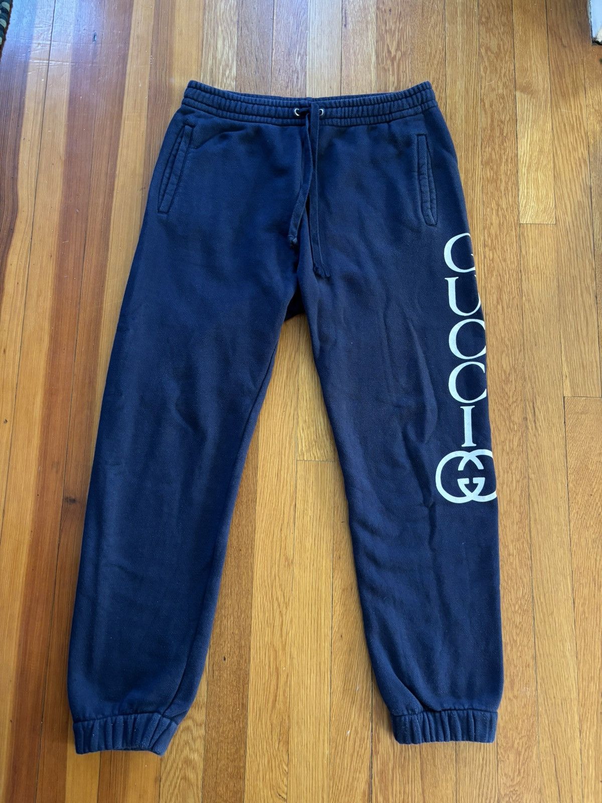 Gucci Navy Gucci Logo Print Sport Sweatpants Size US 31 - 1 Thumbnail