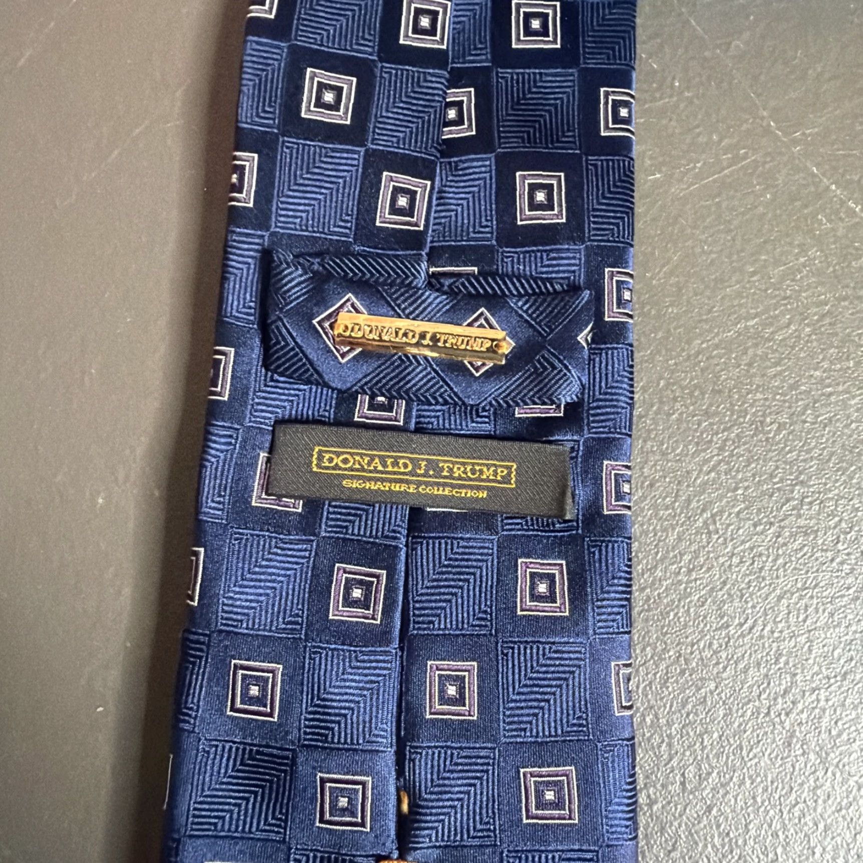 Vintage PRESIDENTIAL Donald J. Trump MENS Tie Silk Jacquard 3.25"x58" Dark Brown Light Blue Geometric Squares Size ONE SIZE - 3 Thumbnail