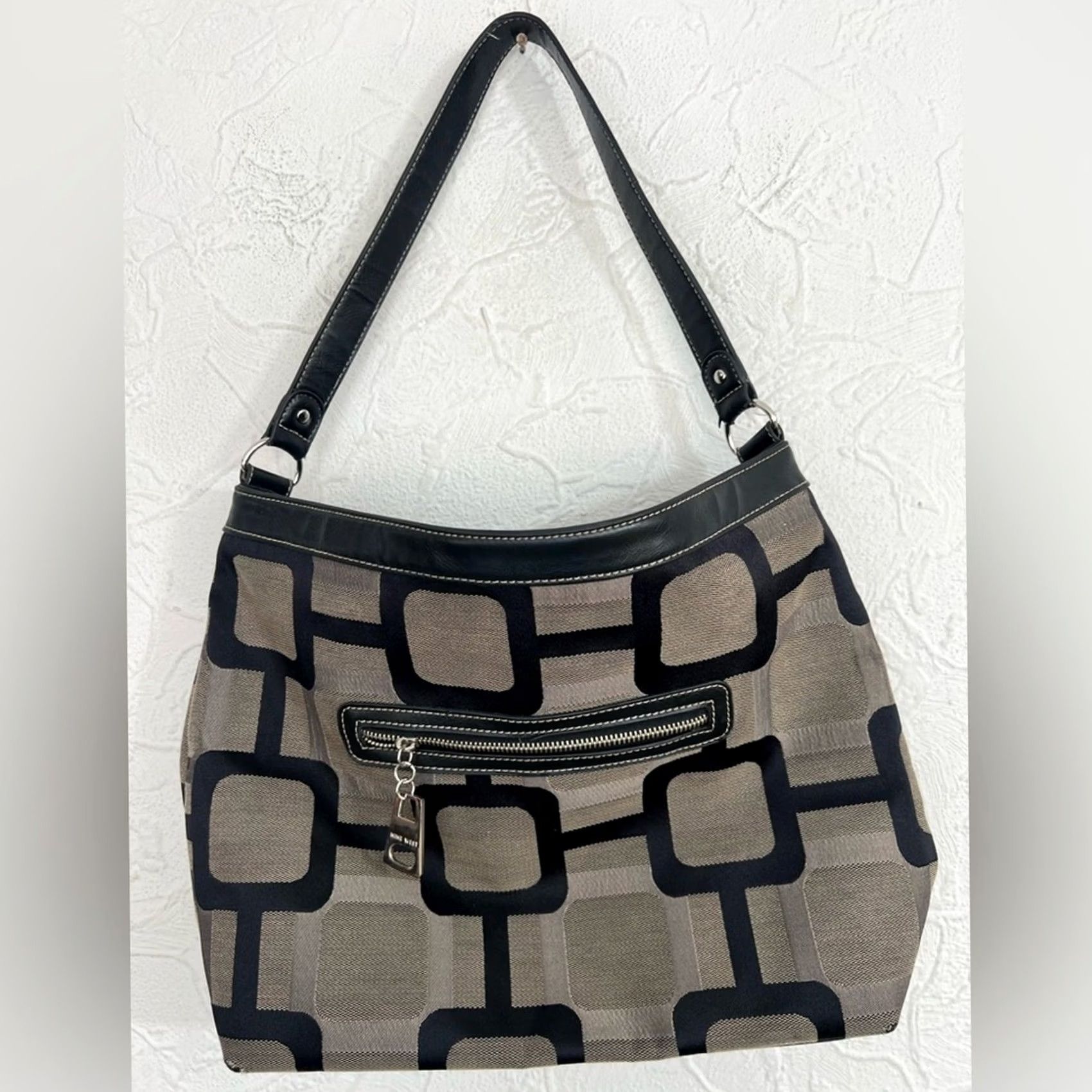Nine West Y2K Nine West Shoulder Bag Purse Mod Geometric Square Monogram Black Taupe 2000s Size ONE SIZE - 2 Thumbnail