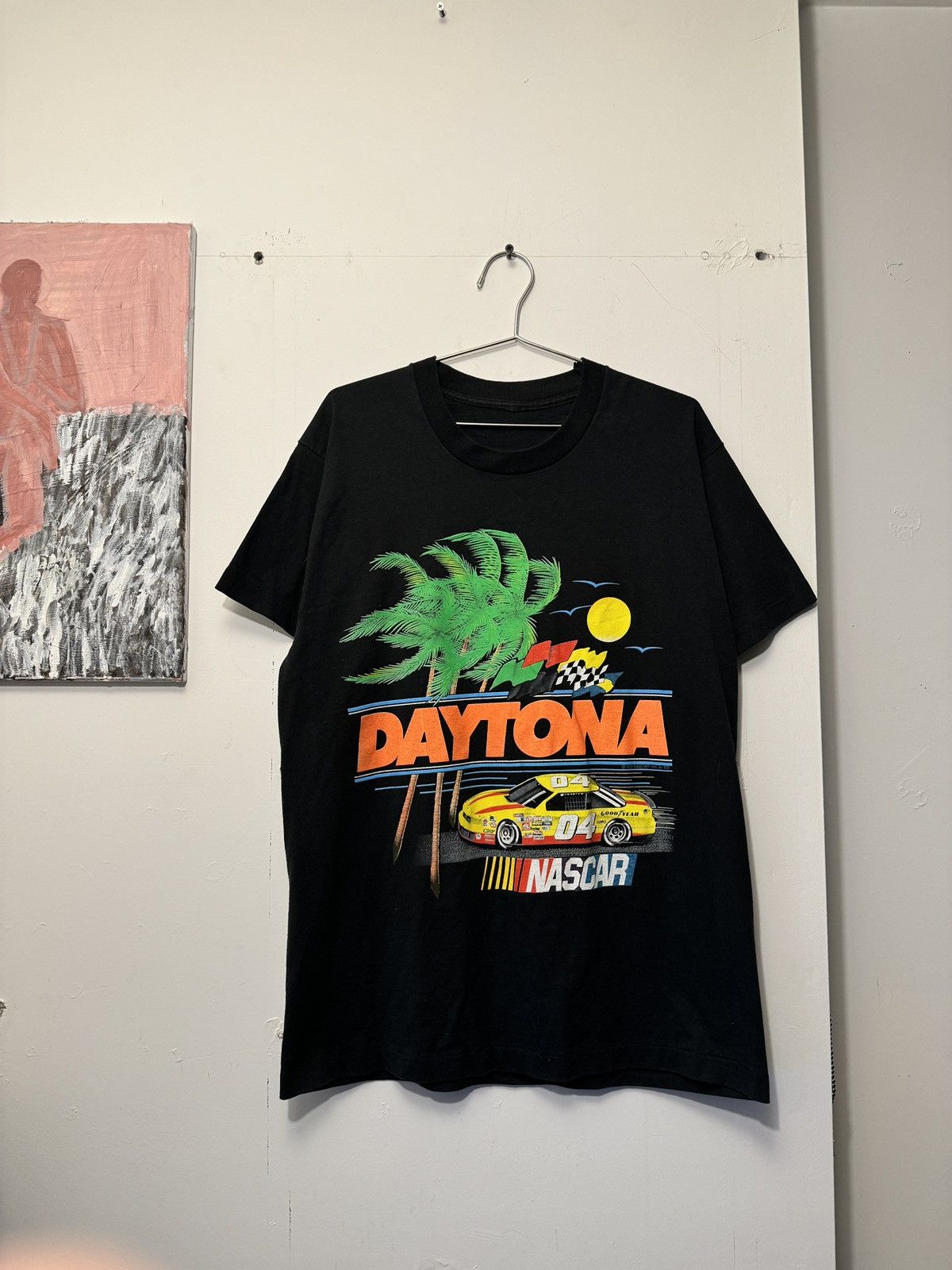 image of 90's Nascar Daytona Racing Palm Tree Tee Shirt in Black, Men's (Size XL)