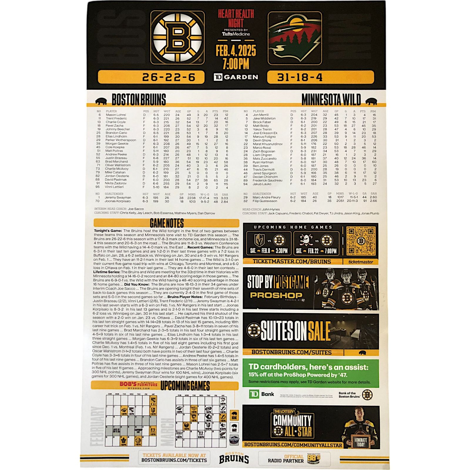 NHL Boston Bruins v Minnesota Wild 2/4/25 Gameday Roster Poster Size ONE SIZE - 4 Thumbnail