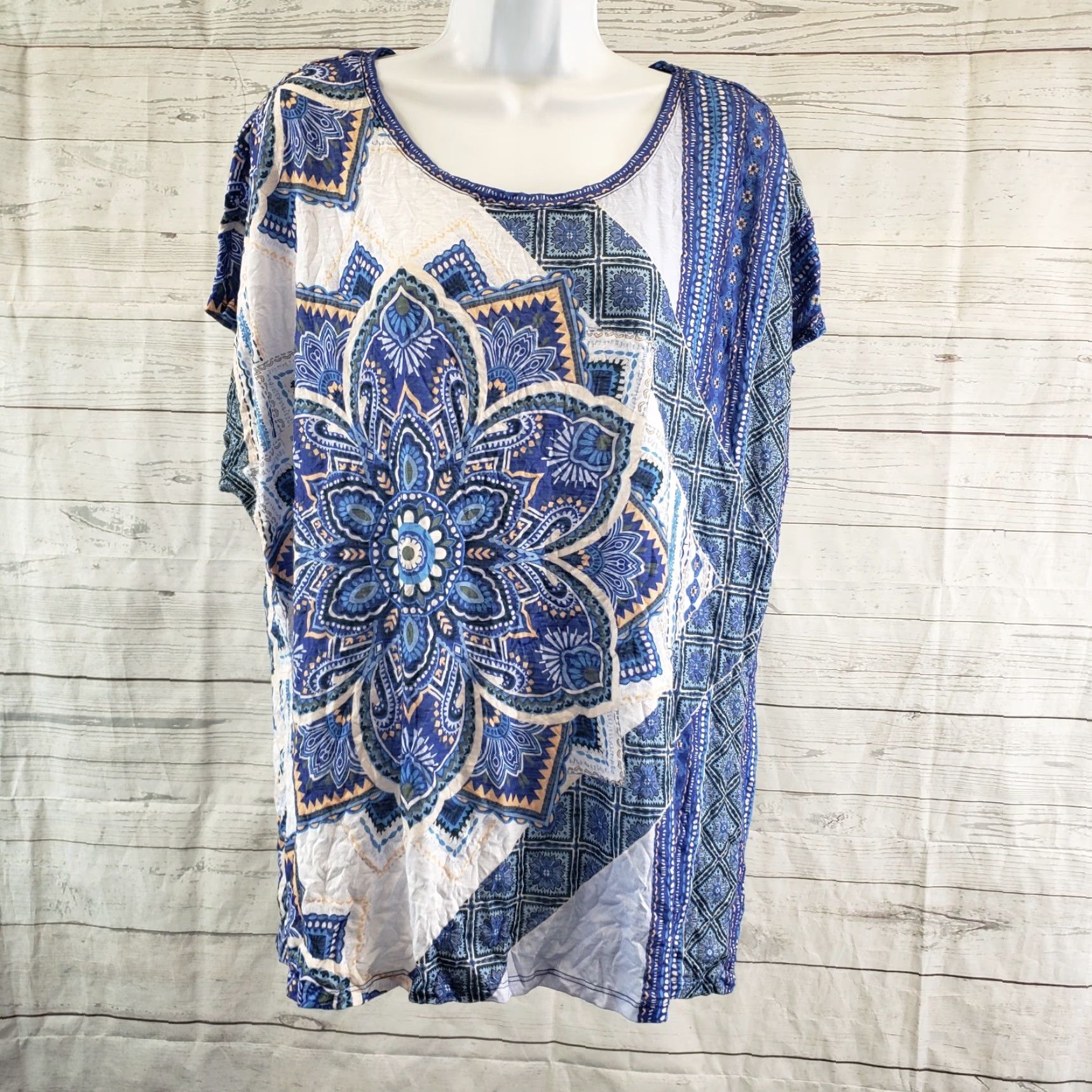 Vintage Chico's Womens Top Blouse Short Sleeve Scoop Neck Blue White Mandala Print Size L Large Shirt Ladies Mens Womens Size L / US 10 / IT 46 - 2 Thumbnail