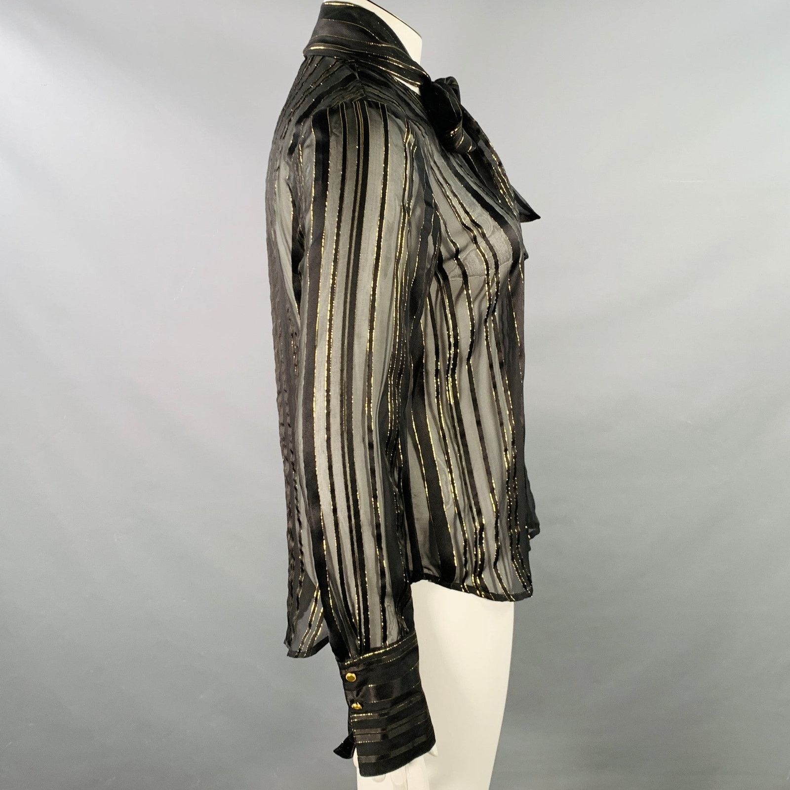 Frame FRAME Size L Black Gold Metallic Stripe Bow Button Up Blouse Size L / US 10 / IT 46 - 3 Thumbnail