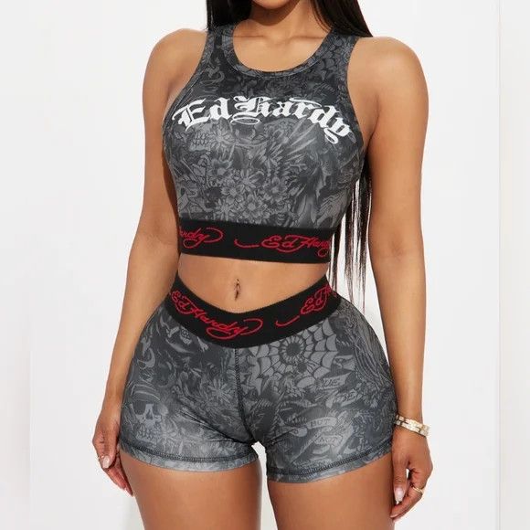 Tattoo Sport Tank & Shorts Set Sz M Retro Stretch Travel Y2K