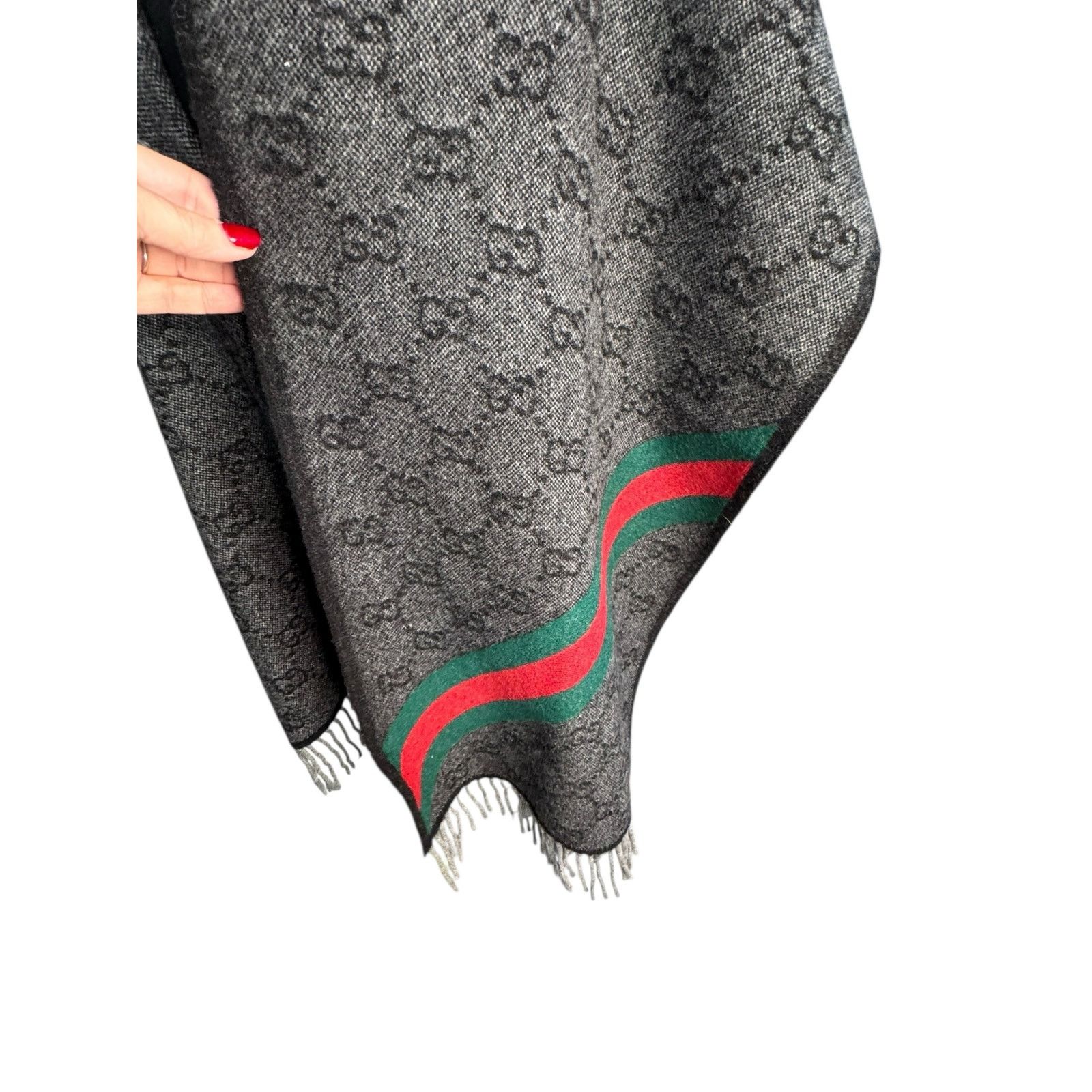 Gucci Gucci Nikky Wool GG Monogram Web Stripe Scarf in Grey Size ONE SIZE - 4 Thumbnail