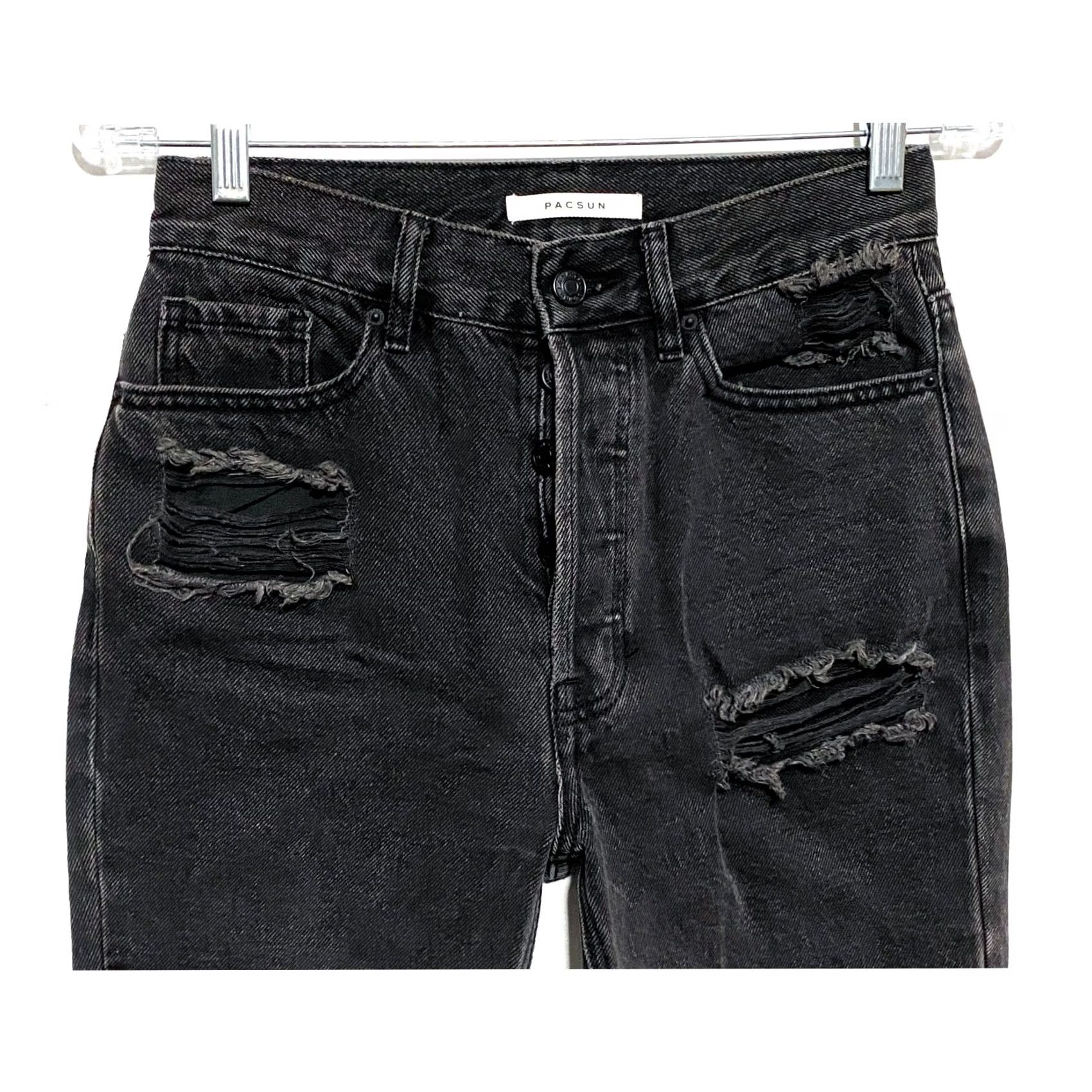 Pacsun VINTAGE PacSun Ultra High Rise Slim Black Jeans Womens 25 Distressed Ripped Button Fly Size 42" / US 20 - 3 Thumbnail