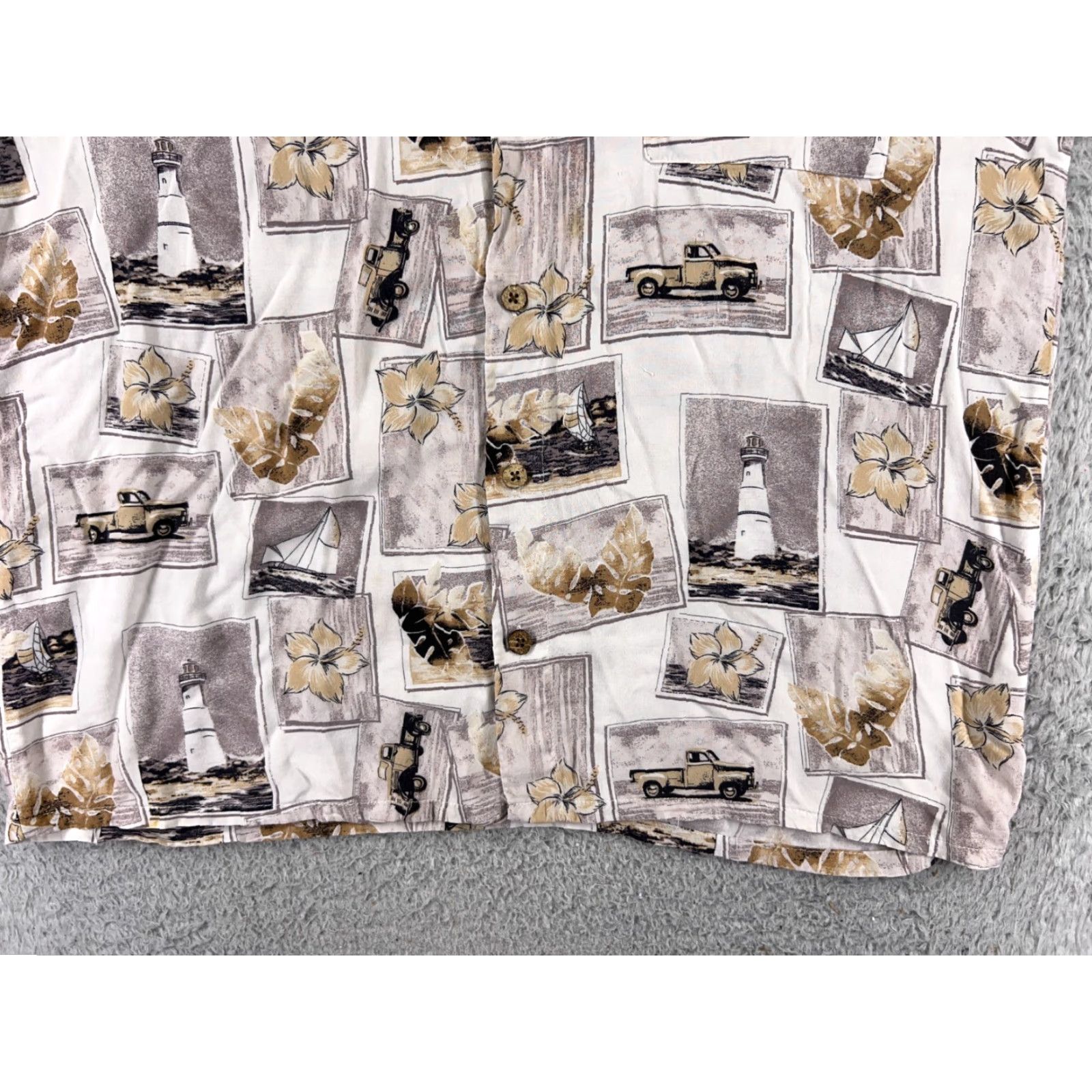 Vintage Puritan Shirt Mens Large Beige Hawaiian Sailboat Lighthouse Truck Postcard Rayon Size US L / EU 52-54 / 3 - 5 Thumbnail