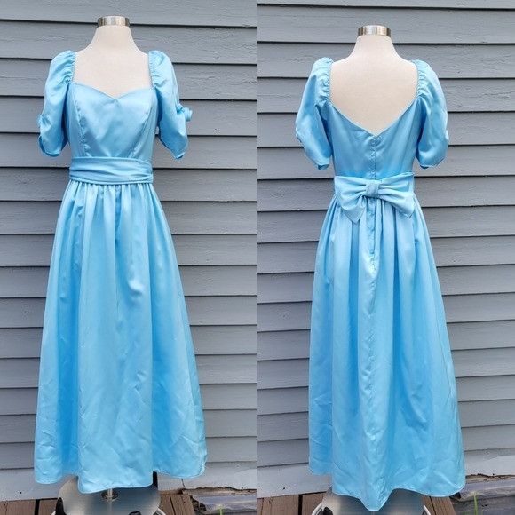 Vintage Vintage 80s Retro Pin Up Girl Blue Satin Puffed Sleeves Maxi Size S / US 4 / IT 40 - 9 Thumbnail