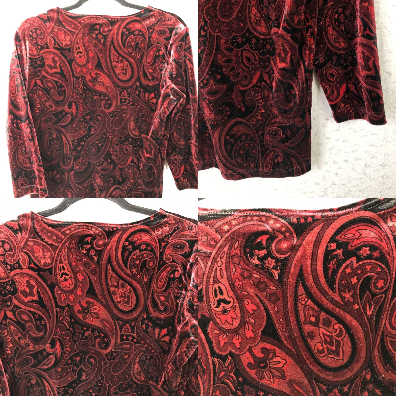 Vintage Impressions Blouse Womens Small Red Paisley Velvet V-Neck 3/4 Sleeve Whimsigoth Retro Shirt Womens, Red, Paisley, Velvet, V-Neck, 3/4 Sleeve, Small Size S / US 4 / IT 40 - 9 Thumbnail