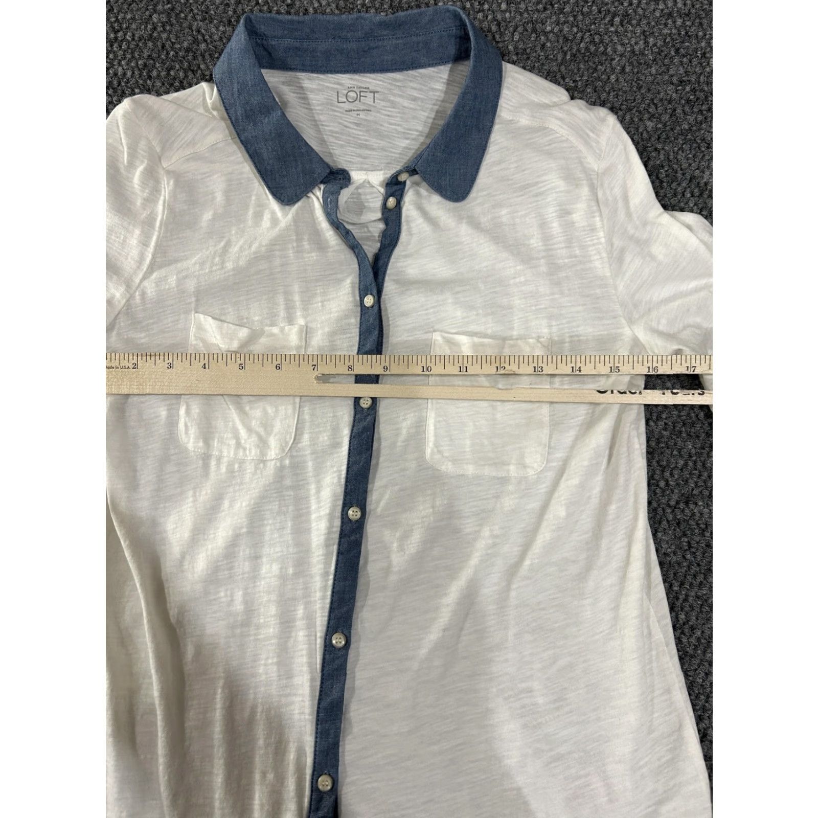 Loft LOFT Ann Taylor Shirt Womens Medium White Chambray Trim Button Front Long Sleeve Mens? Size M / US 6-8 / IT 42-44 - 6 Thumbnail