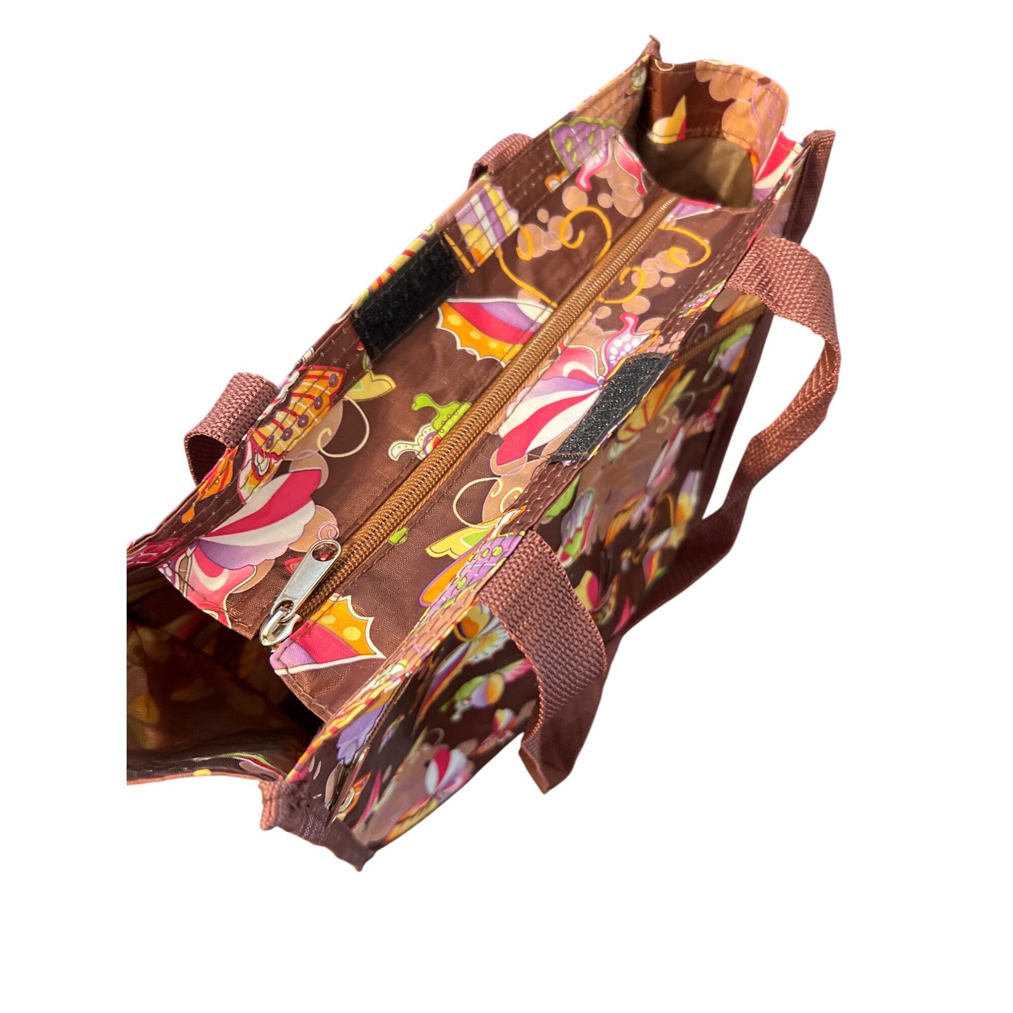 Other Butterfly Print Brown Tote Bag Zip Top Easy Wipe Clean Lunch Size ONE SIZE - 6 Thumbnail