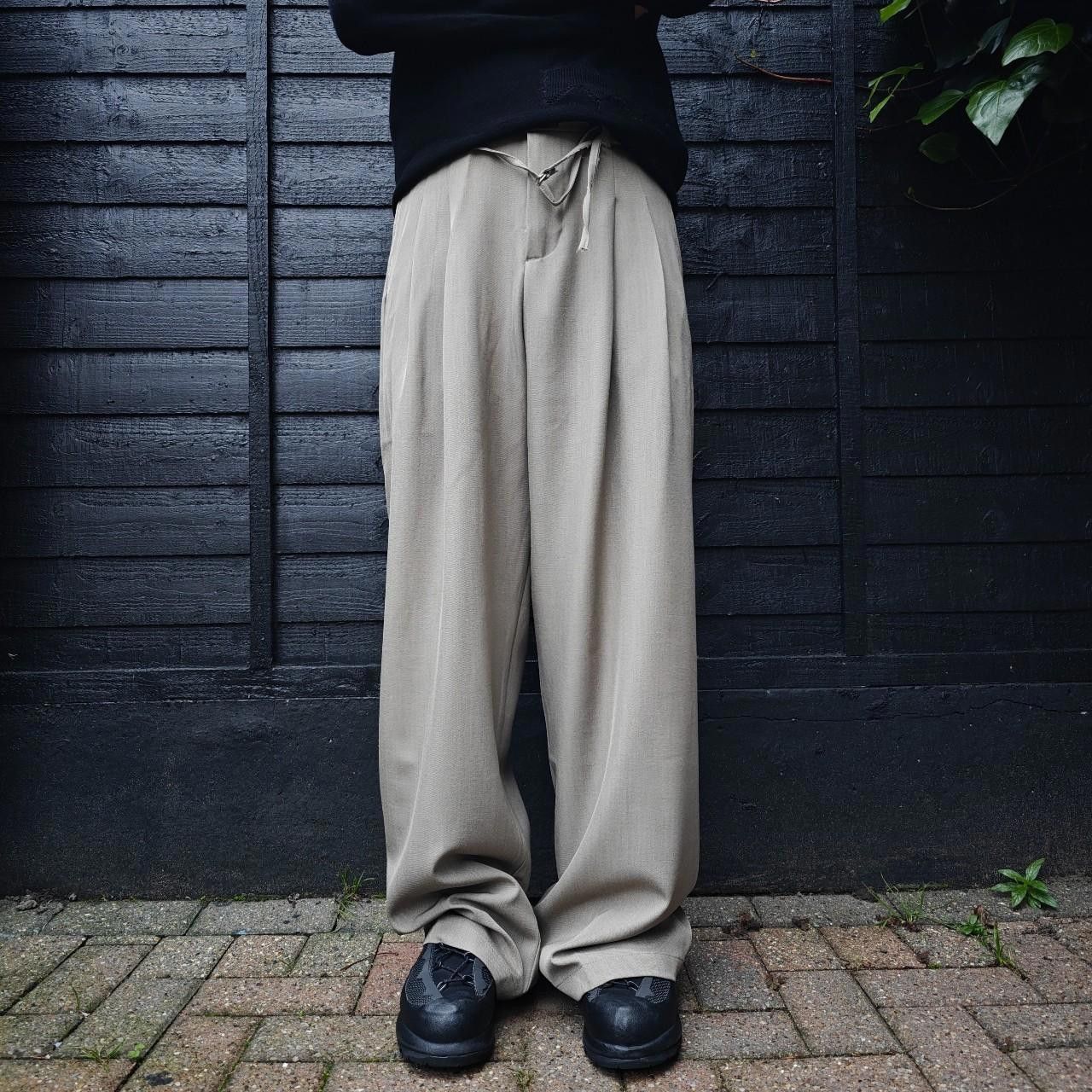 Beige Wide Leg Pleated Suit Trousers