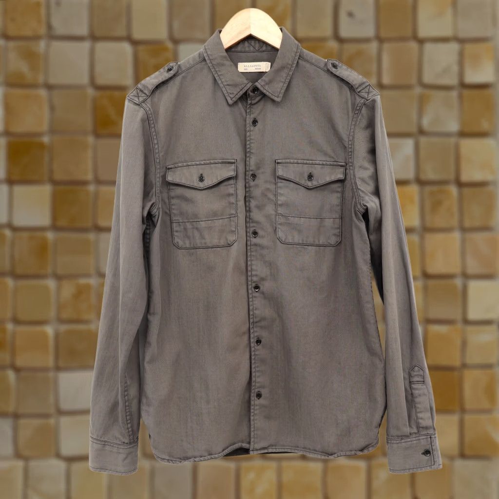 Allsaints AllSaints Button-Up Shirt Mens Long Sleeve Brown Gray M Viscose Woven Utility Shirt Bar/2010s style (Military, Modern) Size US M / EU 48-50 / 2 - 1 Thumbnail
