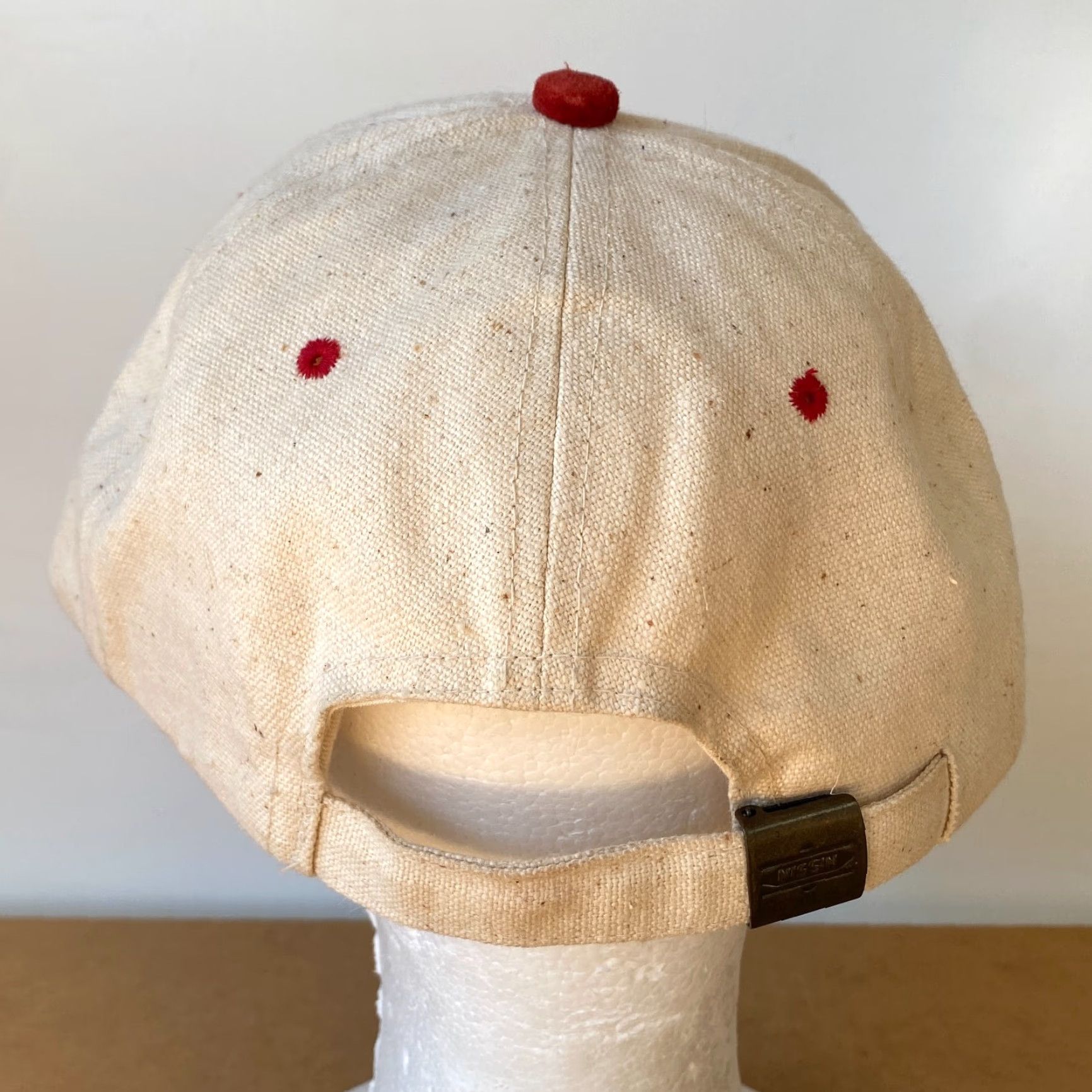 Vintage VINTAGE Nissin Dad Hat Baseball Cap Unisex Adults One Size Beige Ramie Canvas Tan Red Bill/Beige Size ONE SIZE - 4 Thumbnail