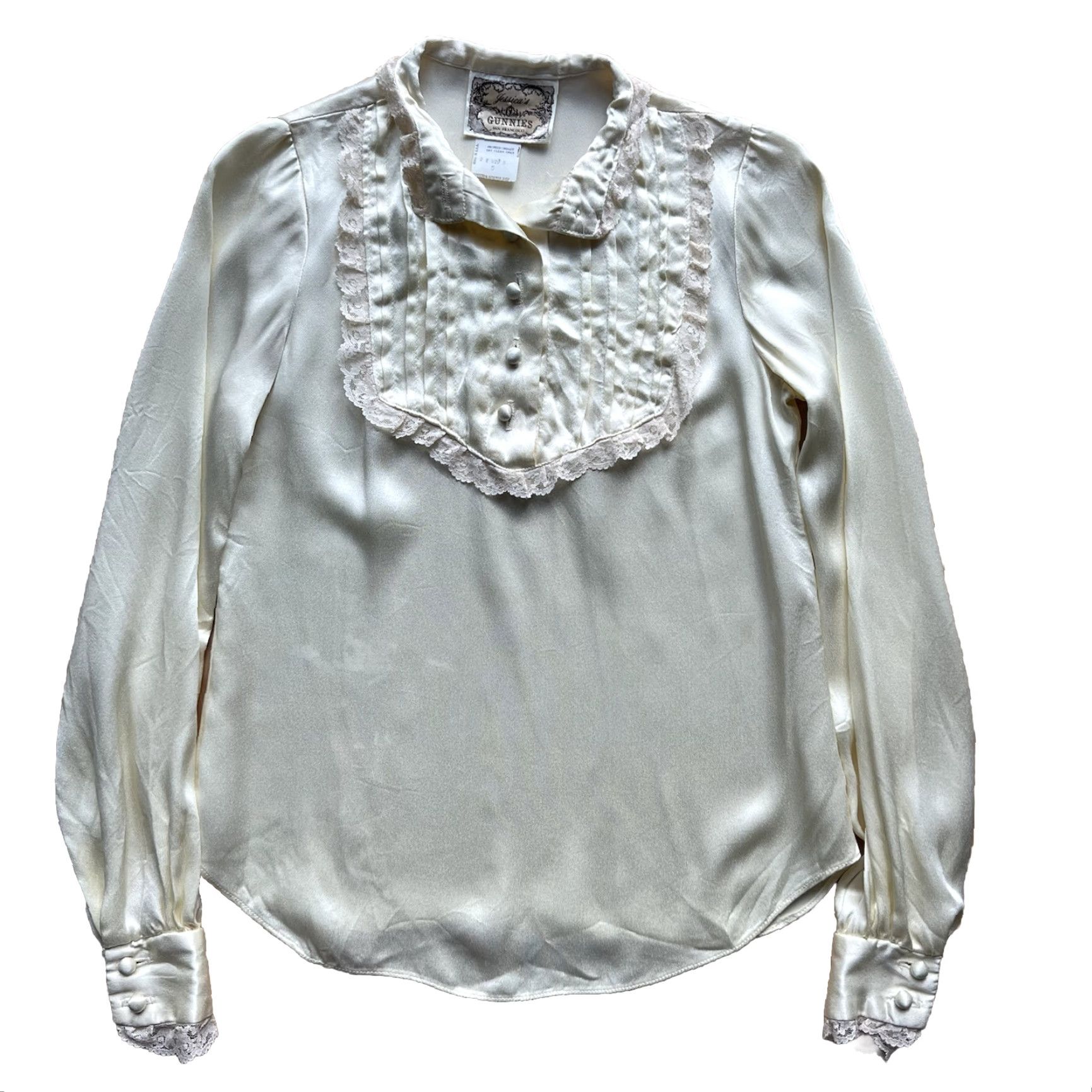 Vintage VINTAGE Gunnies Blouse Shirt Women 5 Ivory 70s Western Embroidered Satin Rayon Angel Logo Casual Sleeve Long Size S / US 4 / IT 40 - 2 Thumbnail