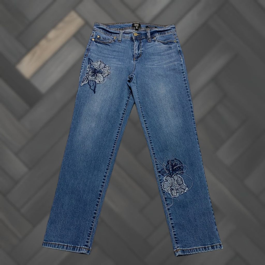 Jones New York Jones New York Miranda Jeans Womens 8 Slim Skinny 5-Pocket Denim Blue Floral Embroidered Stretch Size 30" / US 8 / IT 44 - 1 Thumbnail