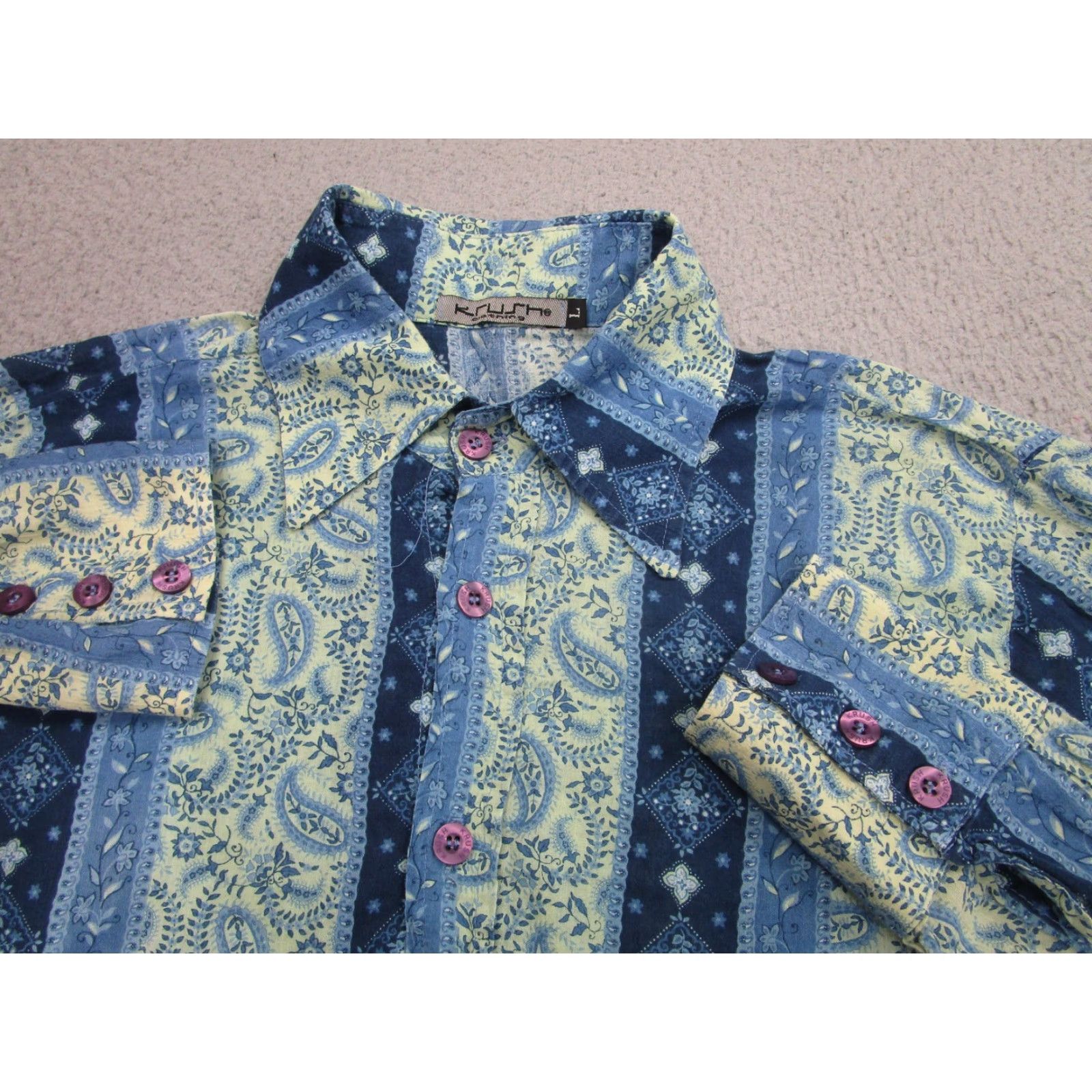 Vintage Krush Shirt Mens L Blue Paisley Disco 70s Winged Collar Made USA Boho Rockabilly Shirt Size US L / EU 52-54 / 3 - 3 Thumbnail