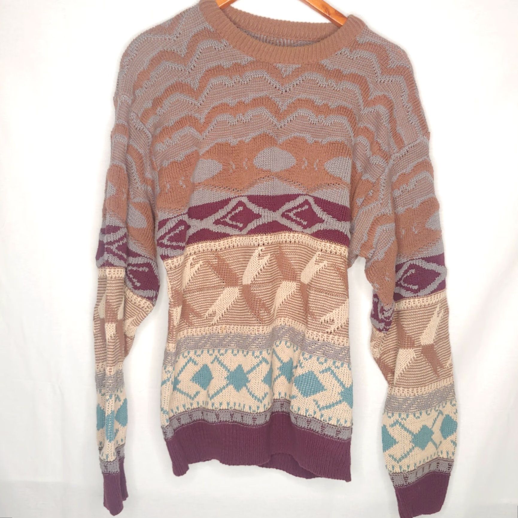 Vintage VINTAGE 1970s Men Sweater Pullover Crew Neck Long Sleeve Geometric Knit Acrylic Large Brown Blue Retro Grandpa Size US L / EU 52-54 / 3 - 3 Thumbnail