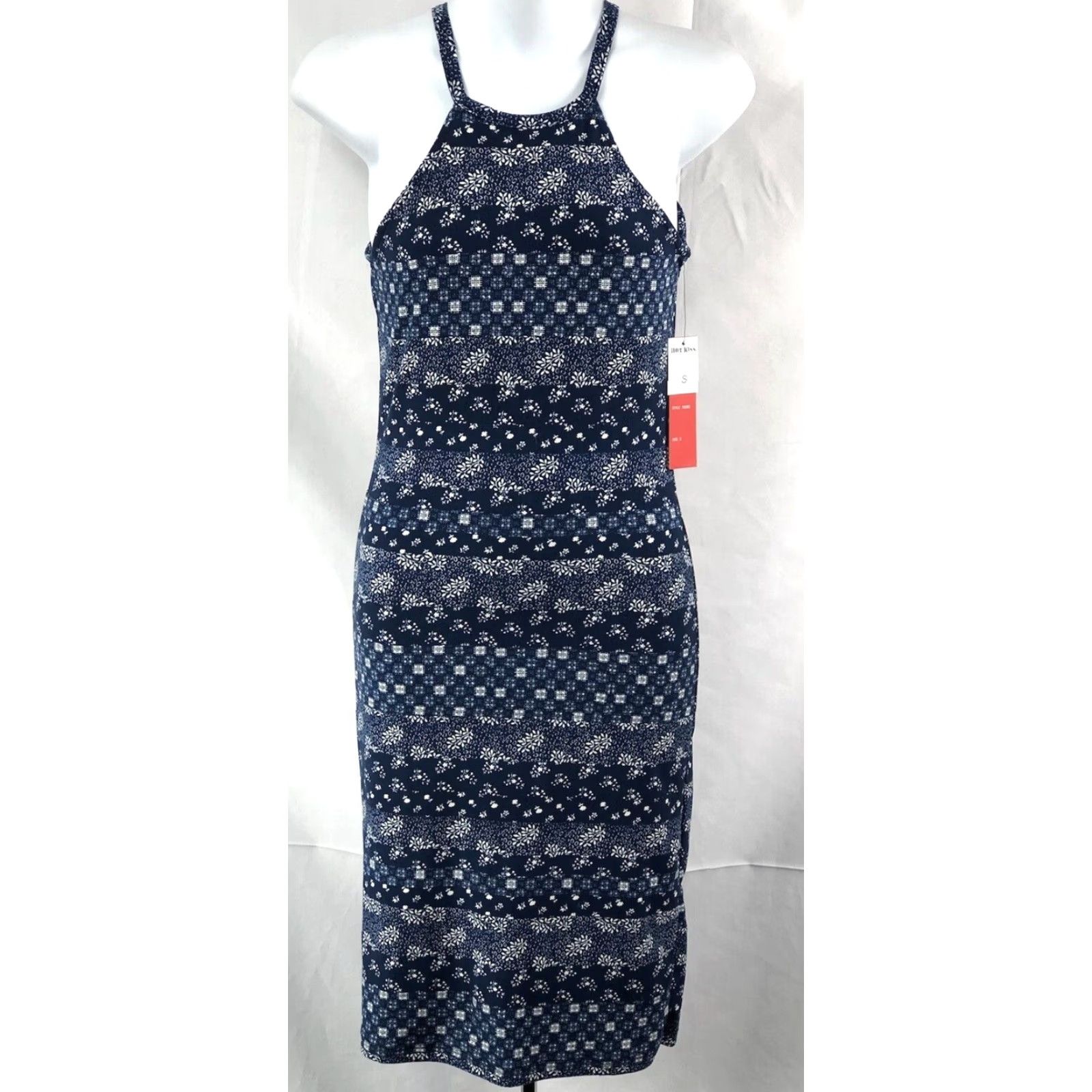 Vintage NWT Hot Kiss Tank Halter Dress S Blue Geo Sleeveless Sheath Hippie Boho Beach Size S / US 4 / IT 40 - 2 Thumbnail