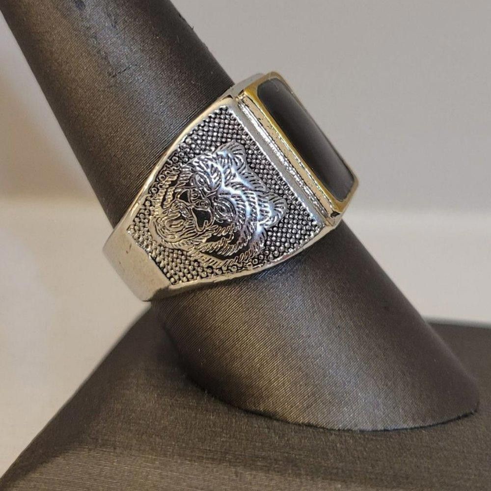 Designer Men's Retro Lion Black Square Onyx Silver Ring - Size 9 Size ONE SIZE - 4 Thumbnail