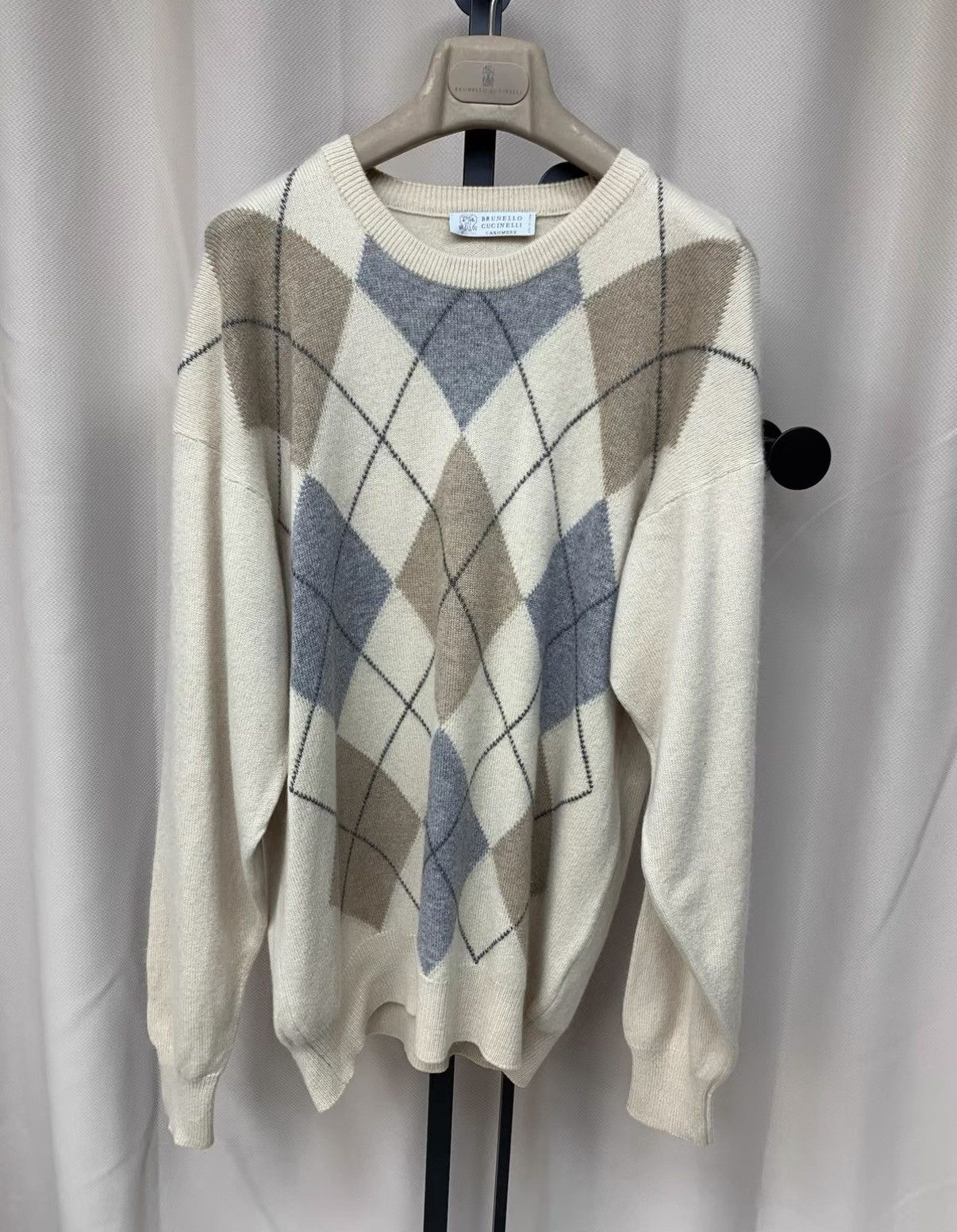 Brunello Cucinelli BRUNELLO CUCINELLI Light Beige Argyle Cashmere Sweater Size US XL / EU 56 / 4 - 7 Thumbnail