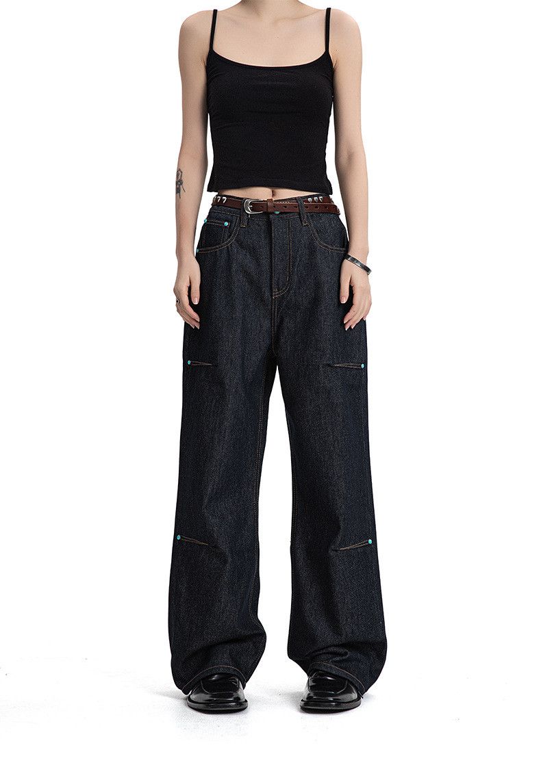 Vintage Retro versatile dark blue straight flared wide-leg jeans Size US 32 / EU 48 - 2 Thumbnail