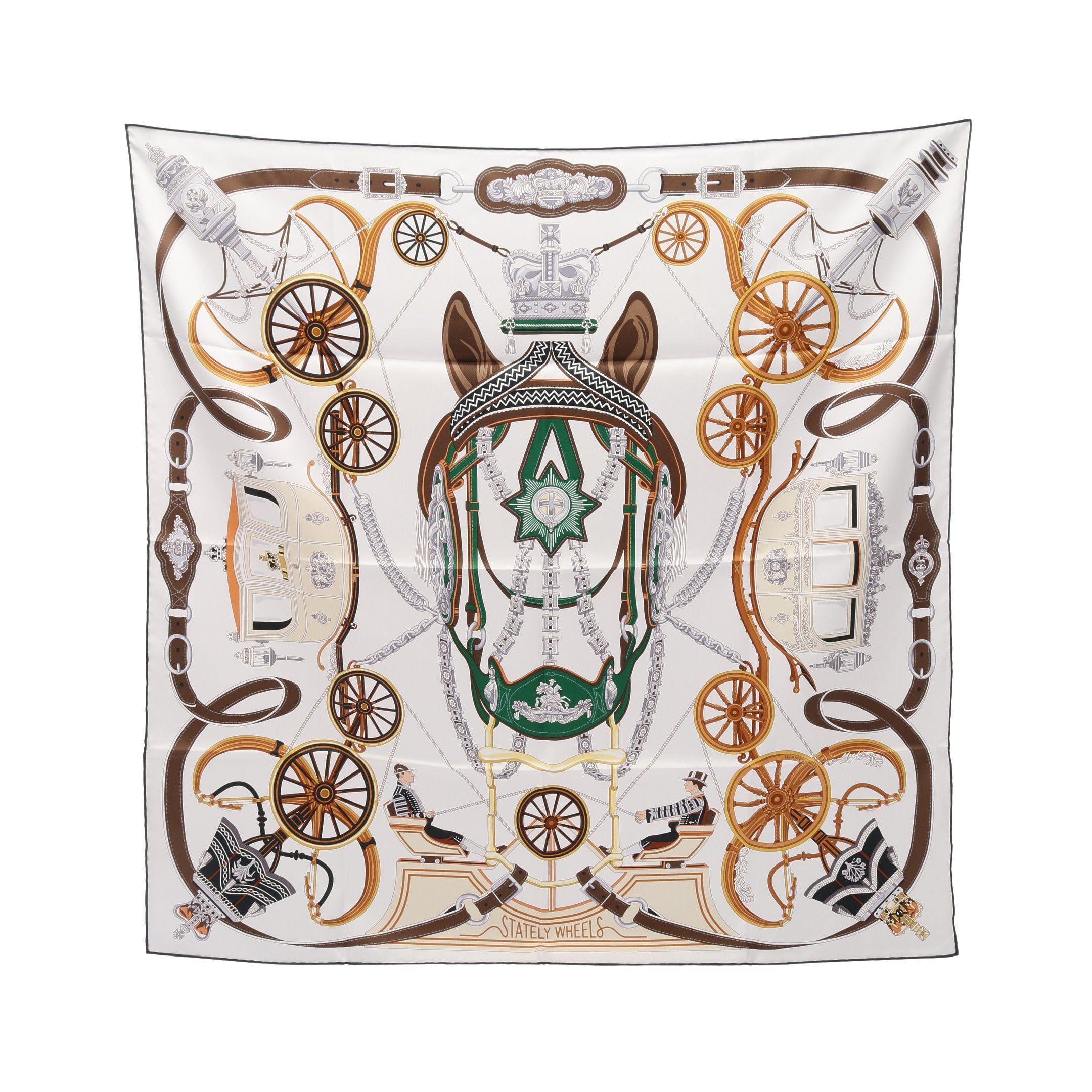 Hermes Hermes Carres 90 Stately Wheels Scarf Silk White Navy Multicolor Size ONE SIZE - 1 Thumbnail