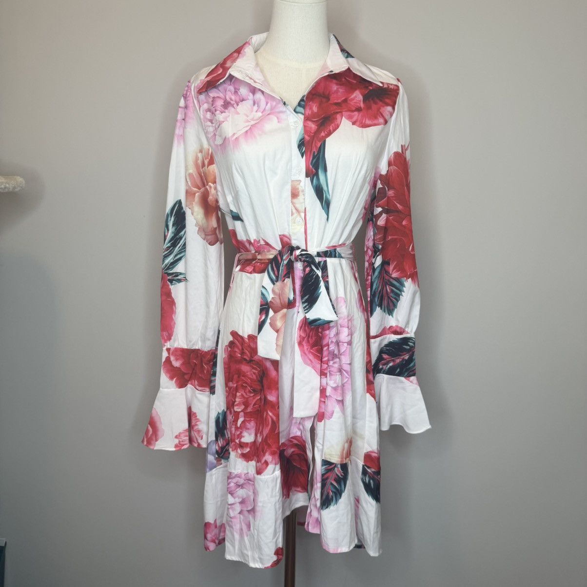 Other Eterna White Midi Dress with Red and Pink Floral Print Size L / US 10 / IT 46 - 1 Thumbnail