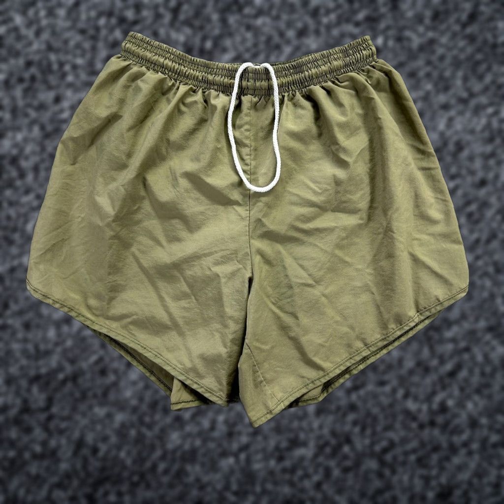Vintage MX3 Mens Army Green Solid Nylon Elastic Waist Drawstring Running Shorts Size M Shirt Men? Size US 31 - 1 Thumbnail