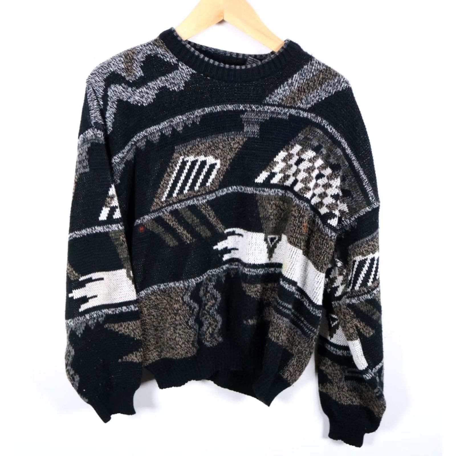 Vintage VINTAGE Expressions 90s Sweater Mens Large Black Abstract Pattern Crew Neck Knit Pullover Casual Retro style Boys/Adults? Size US L / EU 52-54 / 3 - 2 Thumbnail