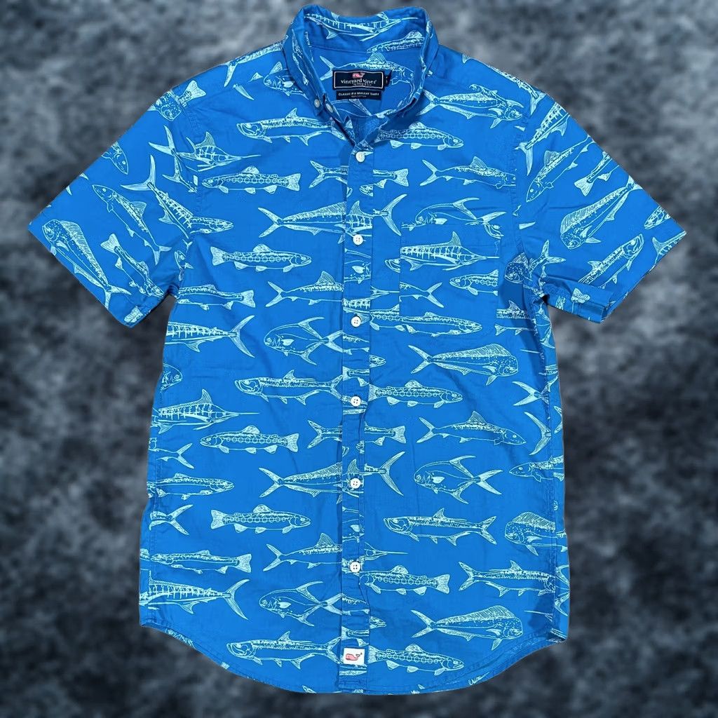 Vineyard Vines Vineyard Vines Murray Shirt XS Mens Blue Fish Print Pattern Button-Up Short Sleeve Collared Ocean Nautical Trout Button-Down Mens Shirt Size US XS / EU 42 / 0 - 1 Thumbnail