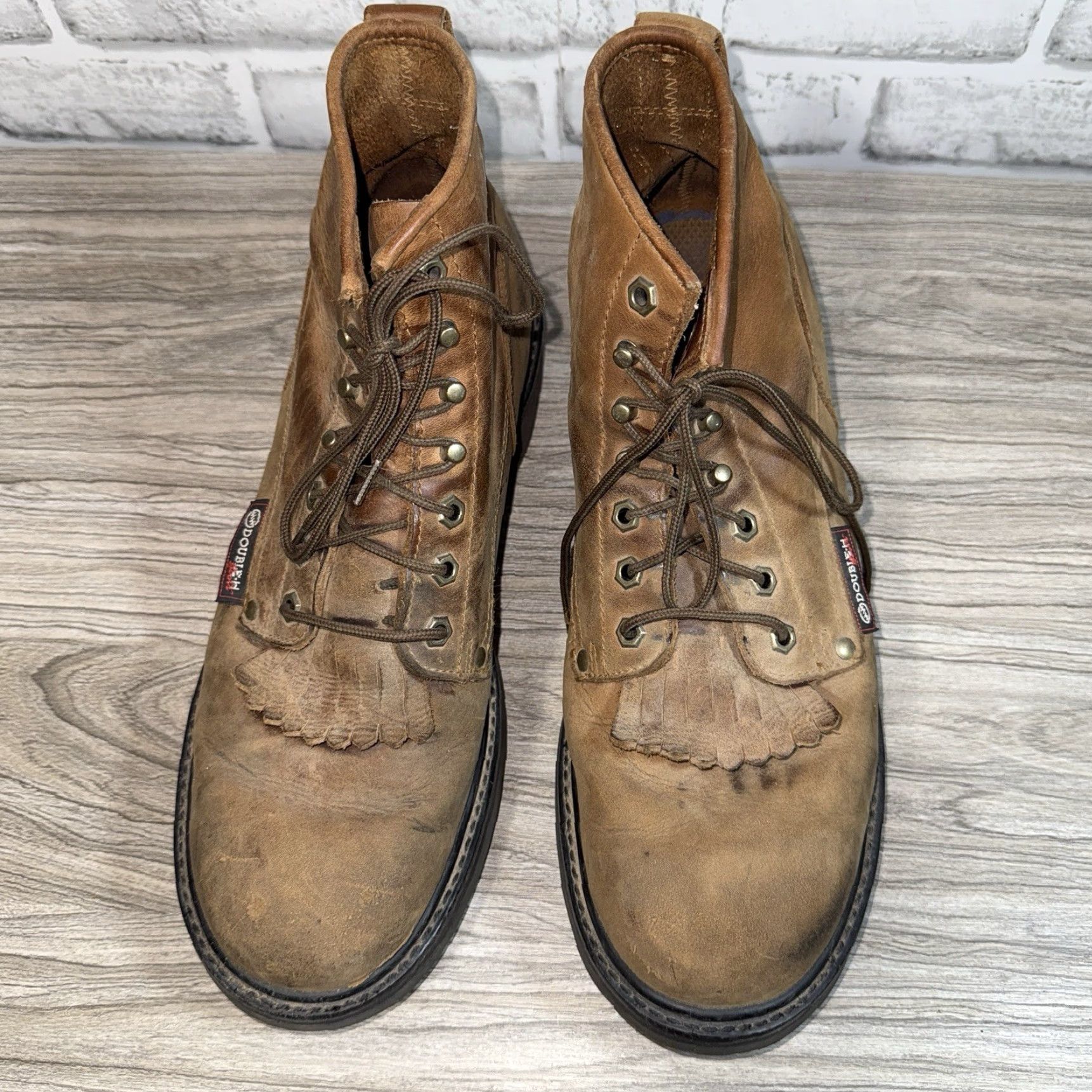 Vintage Double-H Work Boots Men’s 12D STK#9728 Brown Leather Toe: Steel Leather Upper, Lace-Up, Oil-Resistant Sole, Pre-owned Mens Boot Size US 12 / EU 45 - 3 Thumbnail
