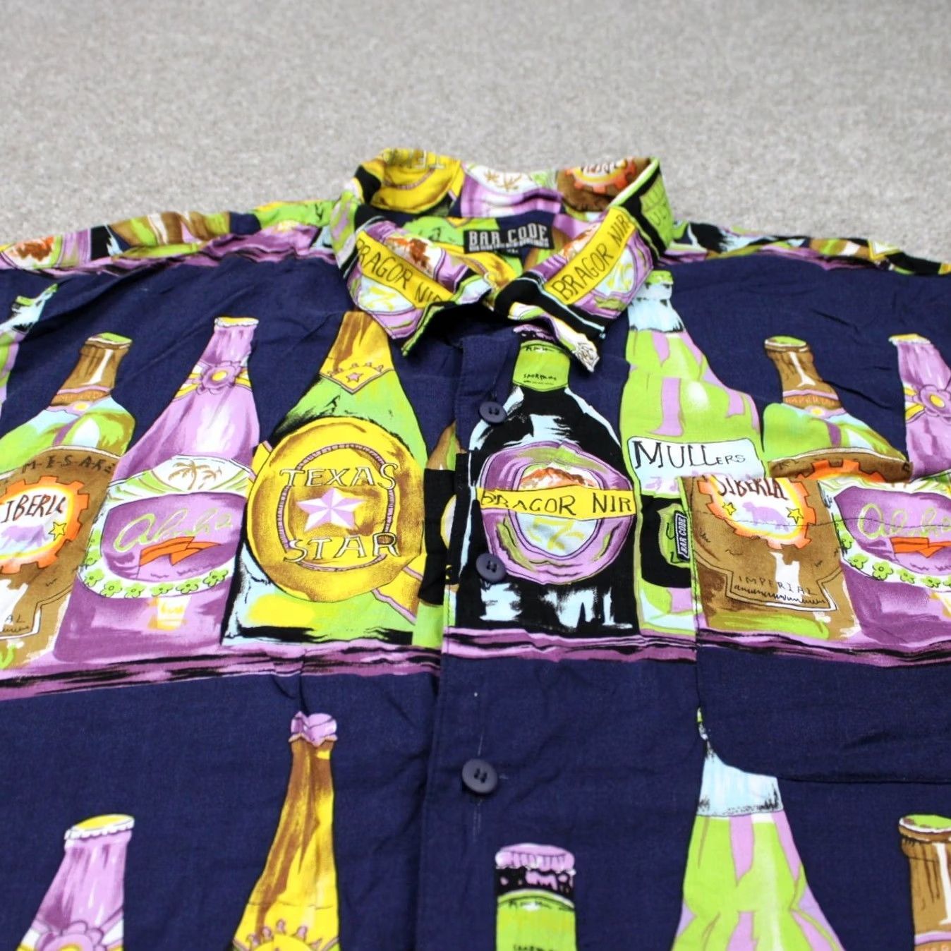 Vintage Bar Code Shirt Mens 2XL XXL Blue Beer Bottle AOP 100% Rayon S/S Button Up Size US XXL / EU 58 / 5 - 4 Thumbnail