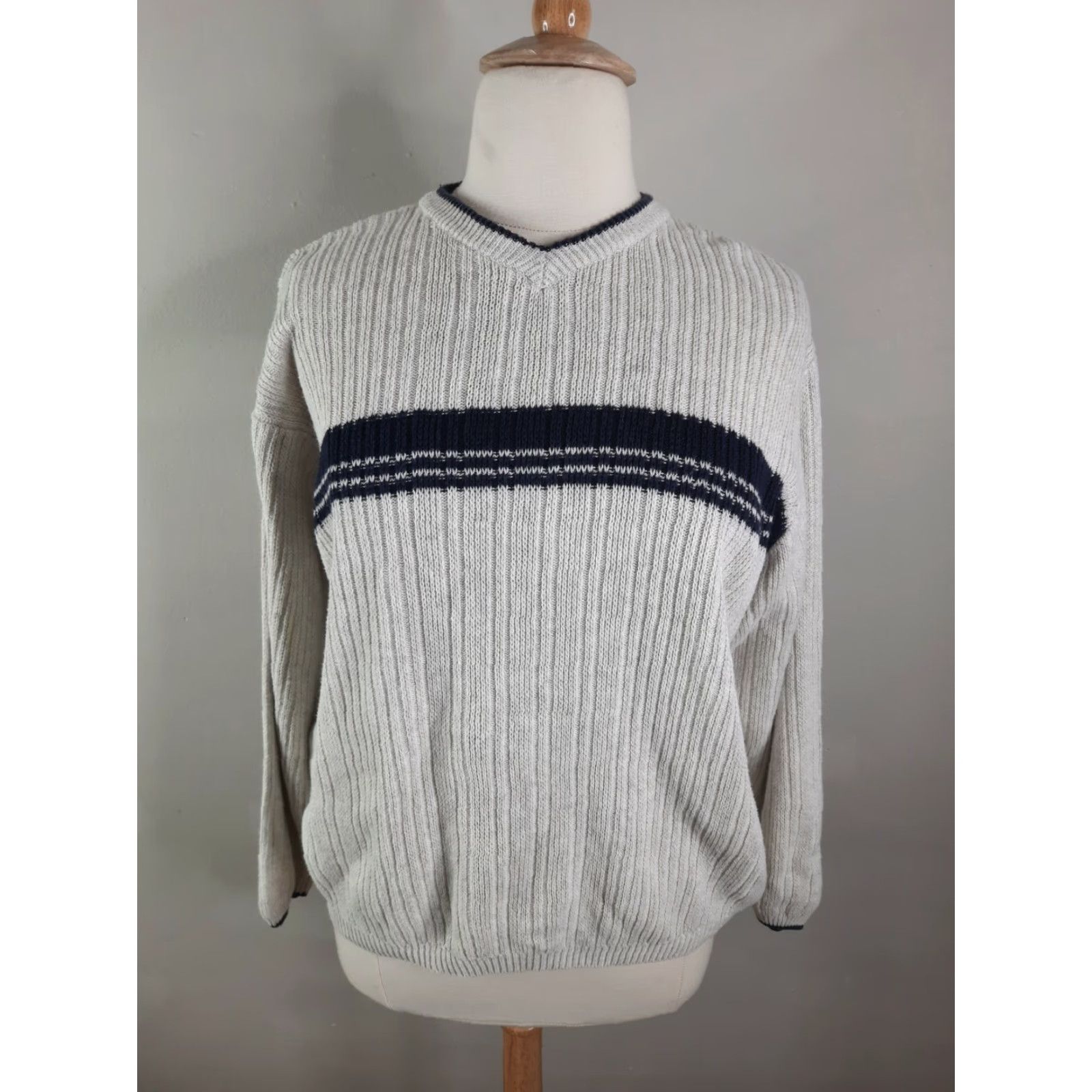 Vintage VINTAGE 90s Y2K Sonoma Womens XL V neck Striped Sweater Beige Blue Oversized Pullover Knit Shirt Women Size XL / US 12-14 / IT 48-50 - 3 Thumbnail